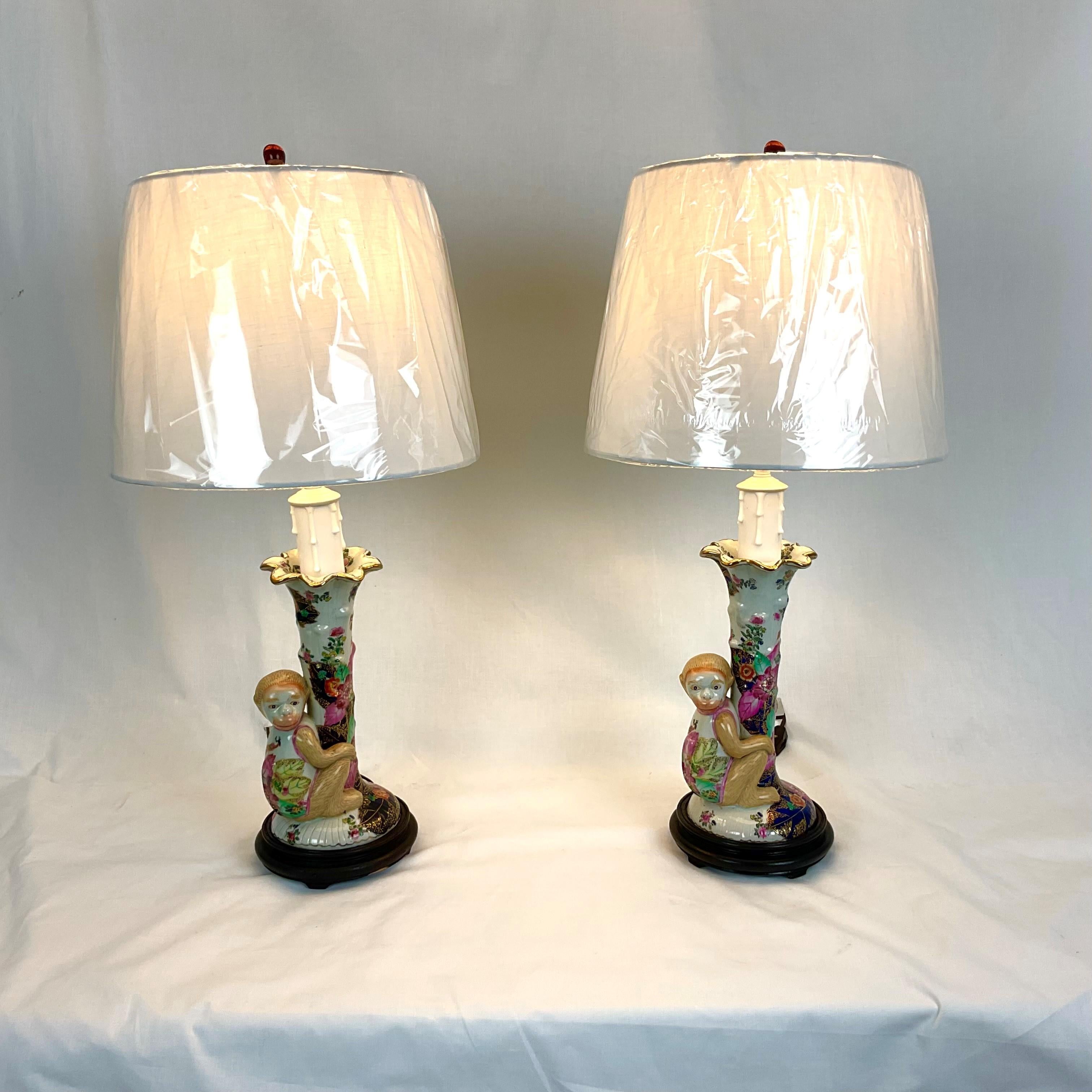 Chinoiserie Cute Hand Painted Porcelain Monkey Lamps For Sale