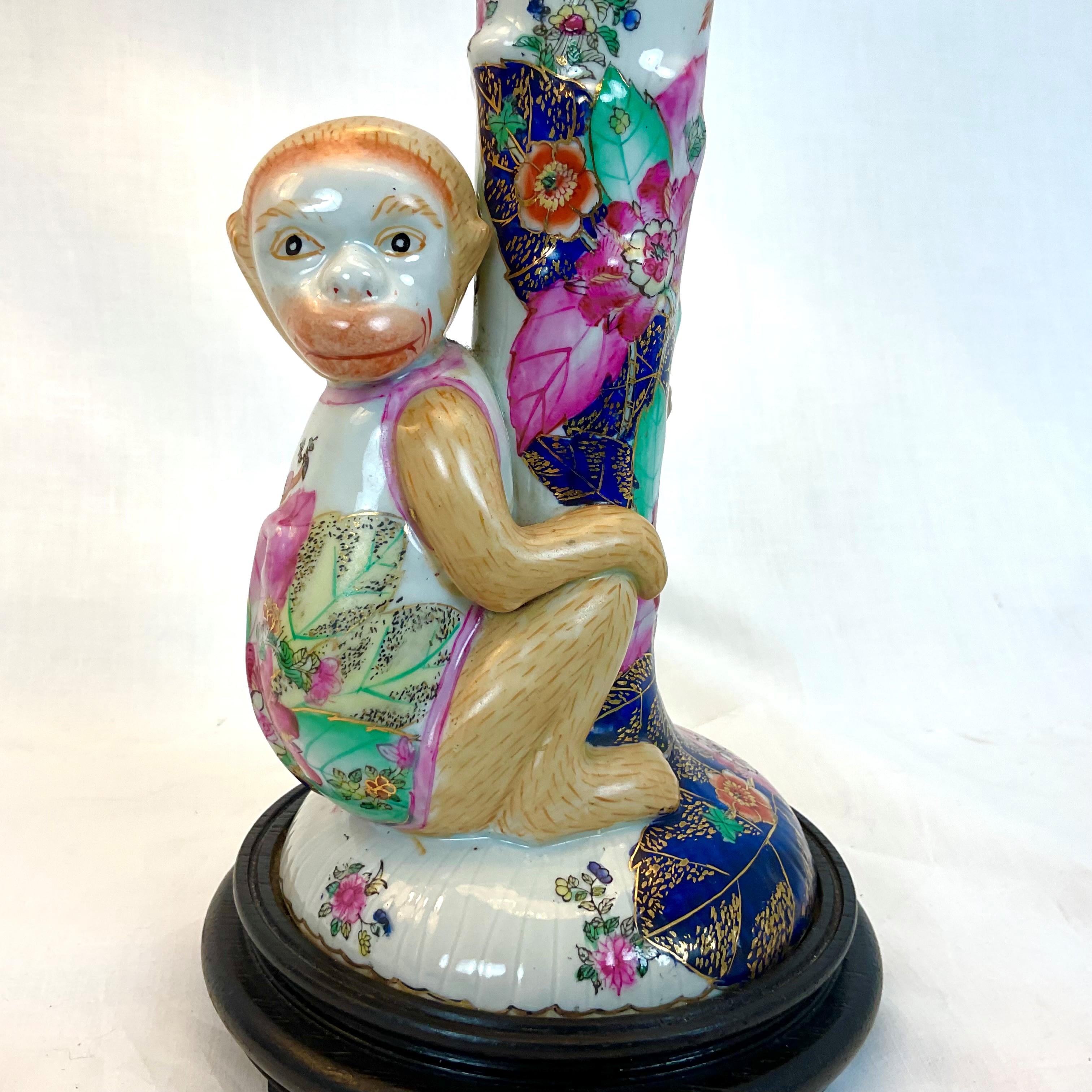 Japanese Cute Hand Painted Porcelain Monkey Lamps For Sale
