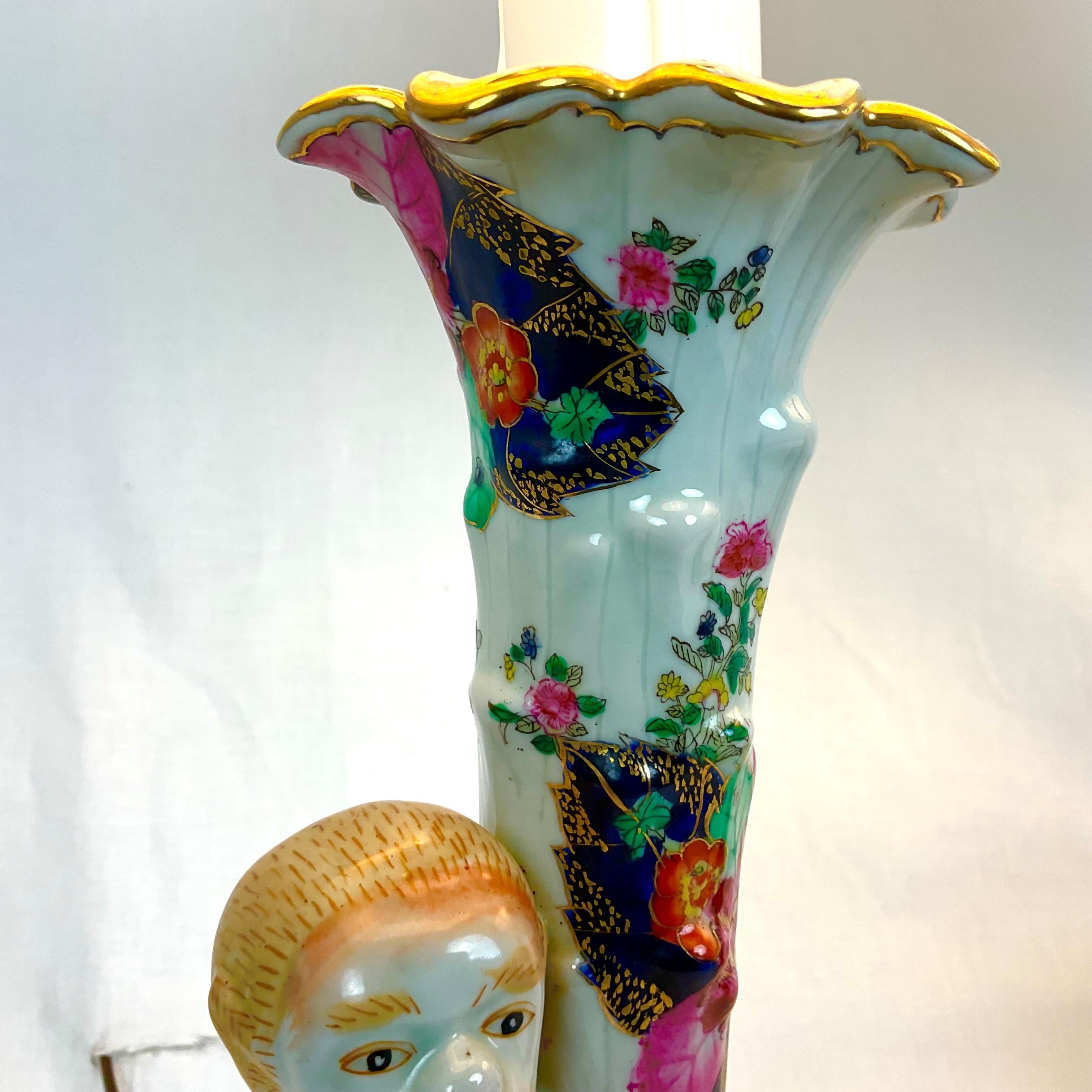 Cute Hand Painted Porcelain Monkey Lamps In Good Condition For Sale In West Palm Beach, FL