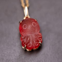 Cute Handcarved Mexican Fire Opal Octopus Pendant Necklace in 18K Yellow Gold