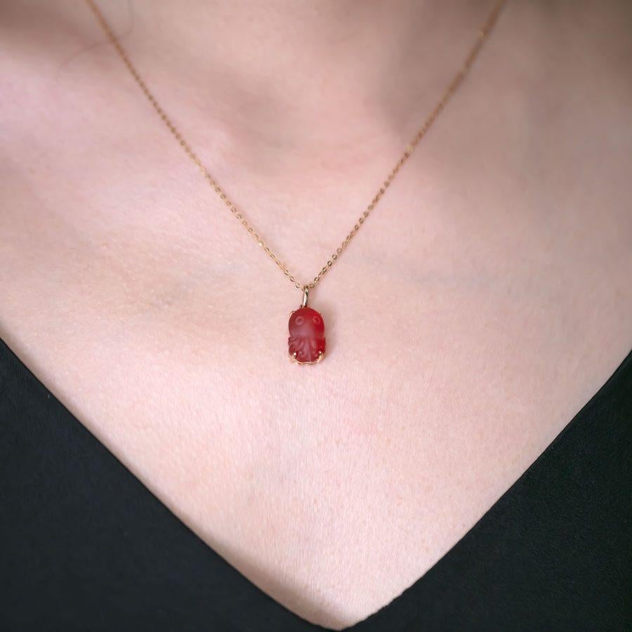 Arts and Crafts Cute Handcarved Fire Opal Octopus Necklace 18K Yellow Gold For Sale