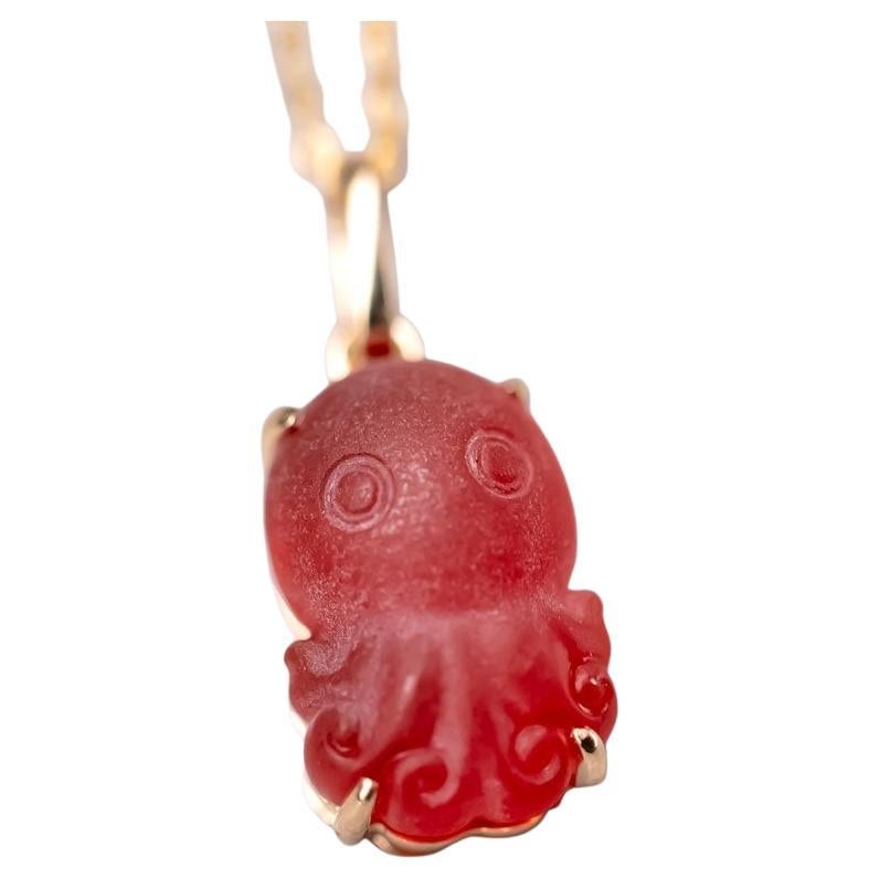 Cute Handcarved Fire Opal Octopus Necklace 18K Yellow Gold