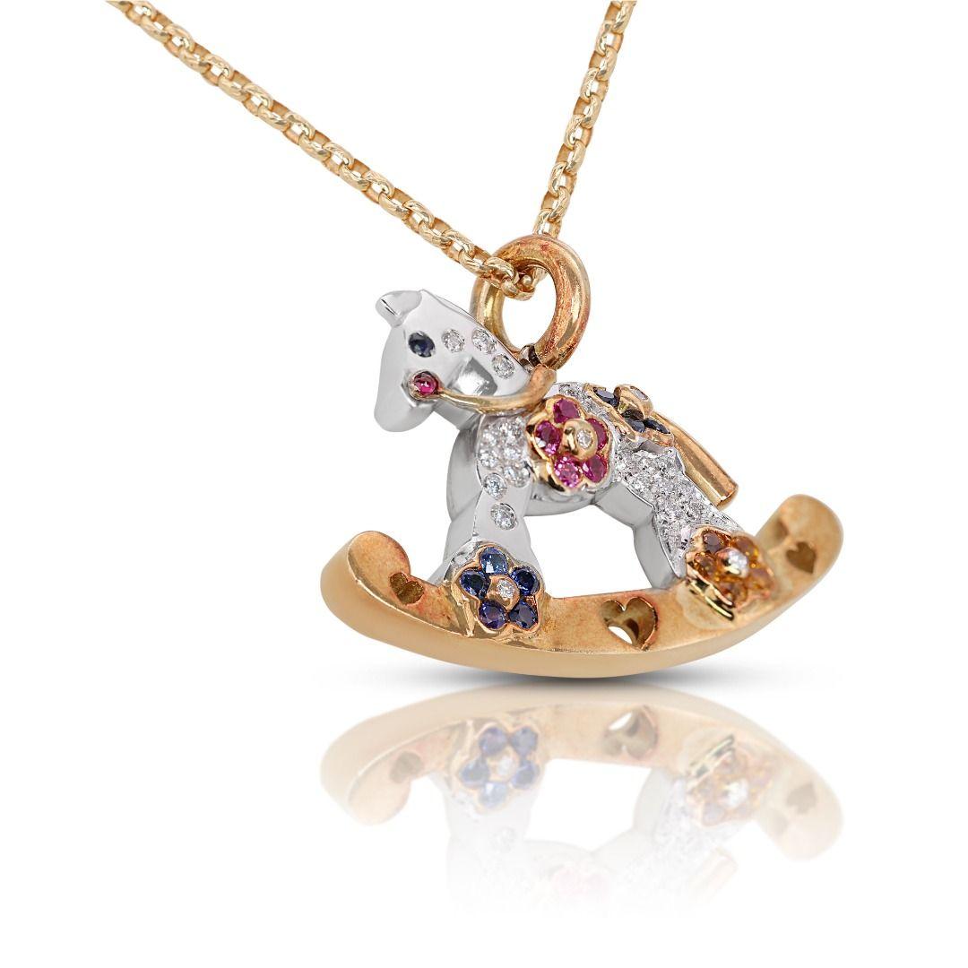 Round Cut Cute Horse Car Pendant w/ 0.67ct Ruby, Sapphire, & Diamonds - Chain not included For Sale
