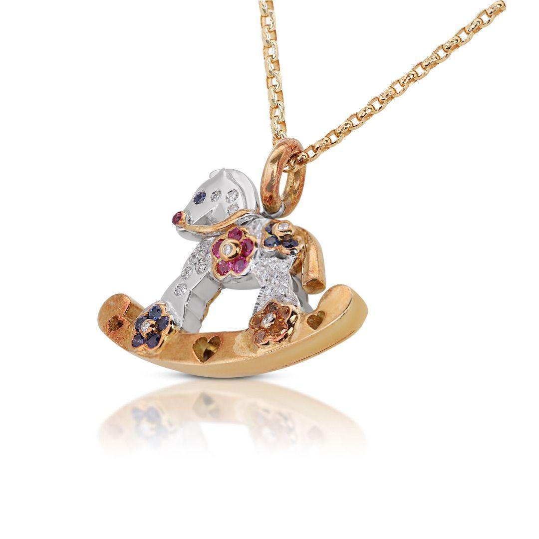 Cute Horse Car Pendant w/ 0.67ct Ruby, Sapphire, & Diamonds - Chain not included In New Condition For Sale In רמת גן, IL