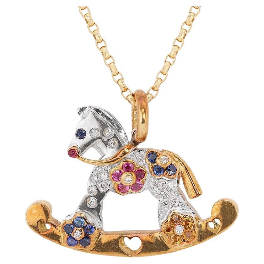 Cute Horse Car Pendant w/ 0.67ct Ruby, Sapphire, & Diamonds - Chain not included For Sale