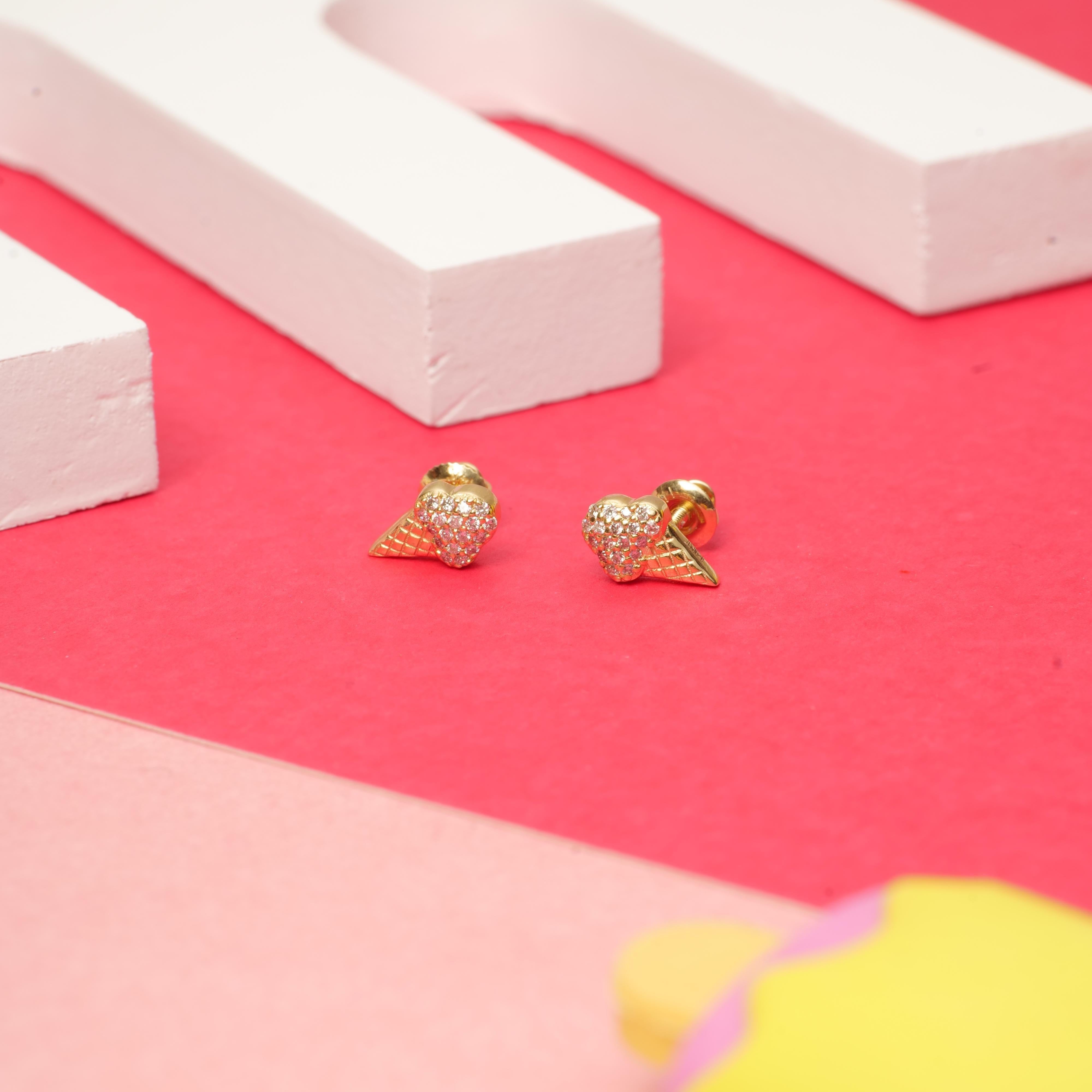 Cute Ice Cream Diamond Earrings for Girls (Kids/Toddlers) in 18K Solid Gold are delightful and whimsical jewelry pieces designed especially for young children. These earrings feature a charming ice cream cone design crafted from high-quality 18K