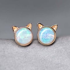 Cute Kitty Cat Ears Round Australian Solid Opal Stud Earrings 14k Yellow Gold