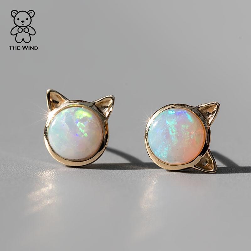 Brilliant Cut Cute Kitty Cat Ears Australian Solid Opal Stud Earrings 14k Yellow Gold For Sale