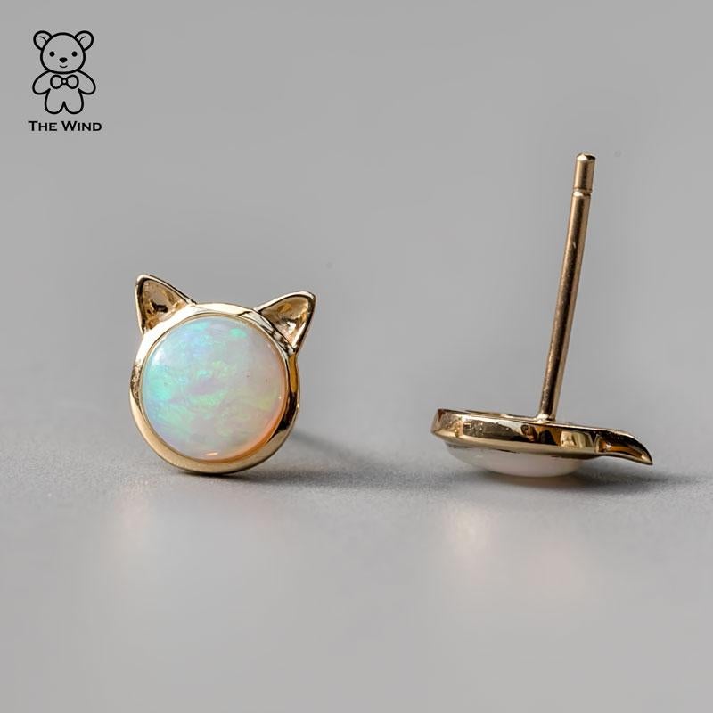 Cute Kitty Cat Ears Australian Solid Opal Stud Earrings 14k Yellow Gold In New Condition For Sale In Suwanee, GA