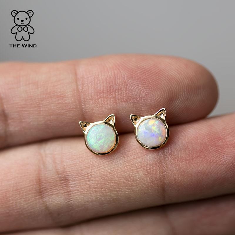 Women's or Men's Cute Kitty Cat Ears Australian Solid Opal Stud Earrings 14k Yellow Gold For Sale