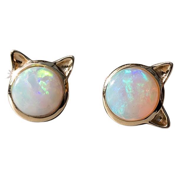 Cute Kitty Cat Ears Australian Solid Opal Stud Earrings 14k Yellow Gold For Sale