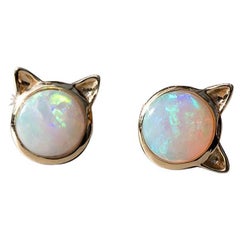 Cute Kitty Cat Ears Australian Solid Opal Stud Earrings 14k Yellow Gold