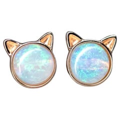 Cute Kitty Cat Ears Australian Solid Opal Stud Earrings 14k Yellow Gold