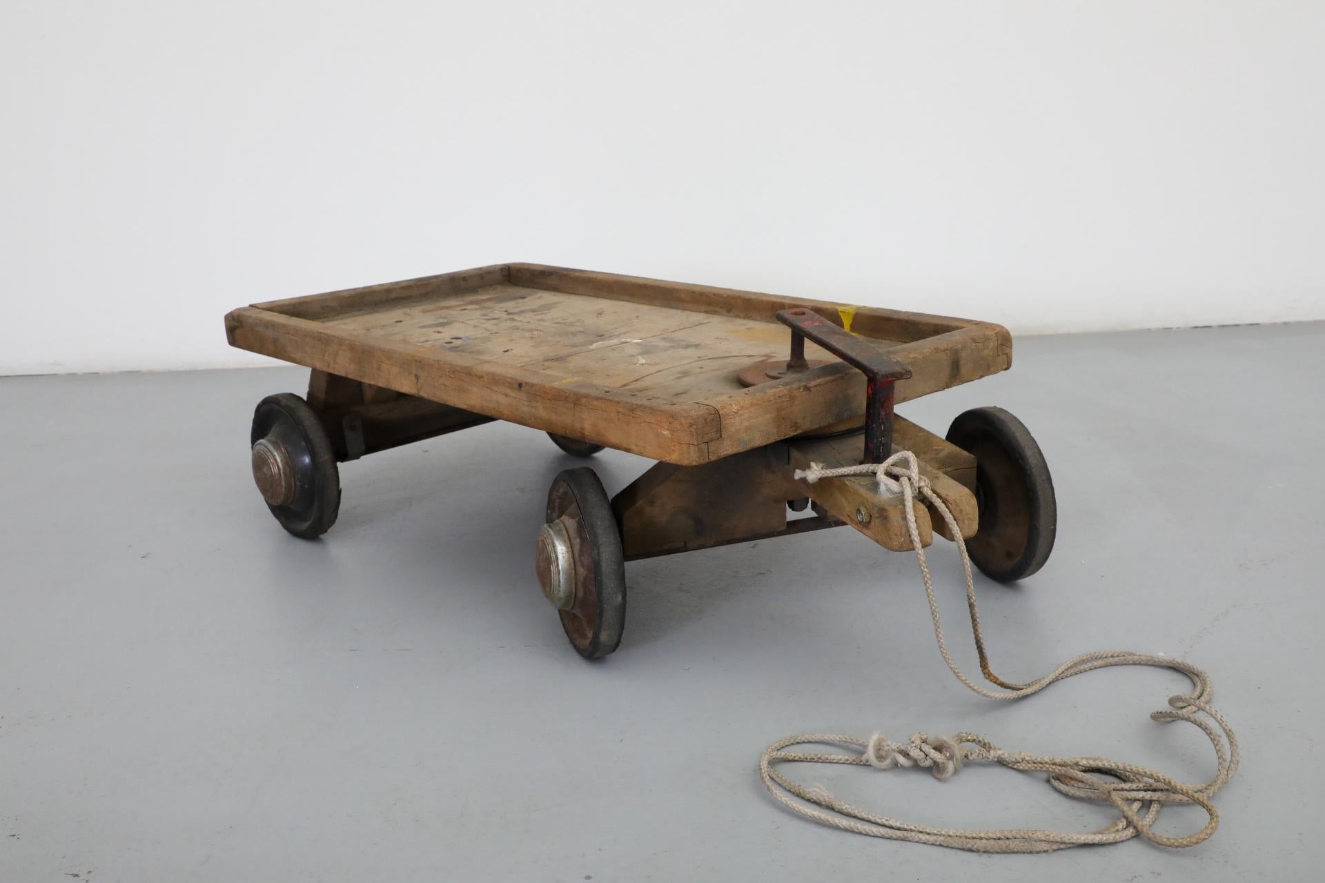 Cute Little Vintage Dutch Children's Rolling Wood Cart with Pull String For Sale 5