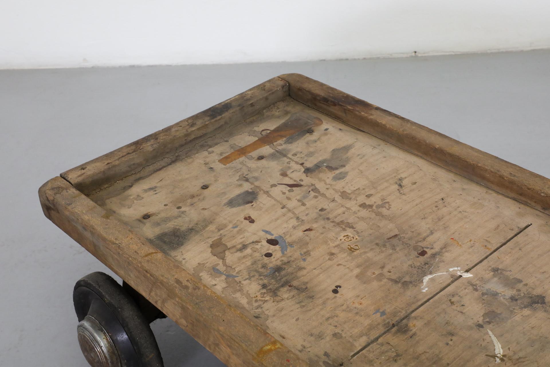 Cute Little Vintage Dutch Children's Rolling Wood Cart with Pull String For Sale 6