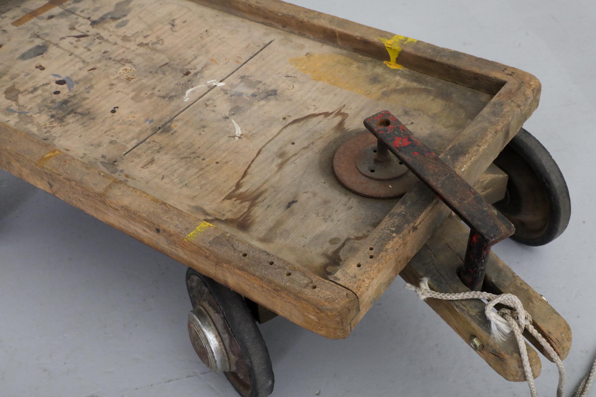 Cute Little Vintage Dutch Children's Rolling Wood Cart with Pull String For Sale 7