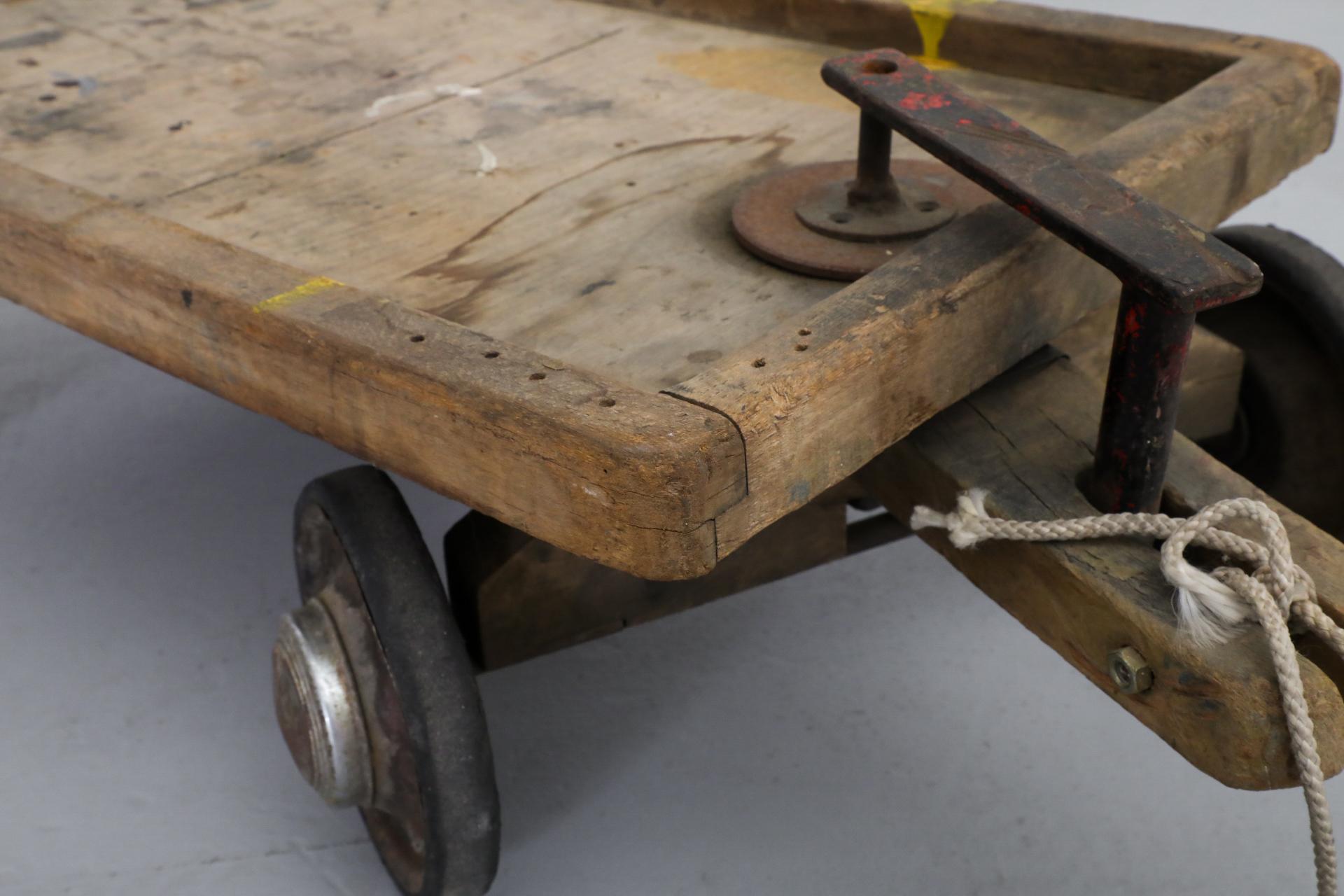 Cute Little Vintage Dutch Children's Rolling Wood Cart with Pull String For Sale 8