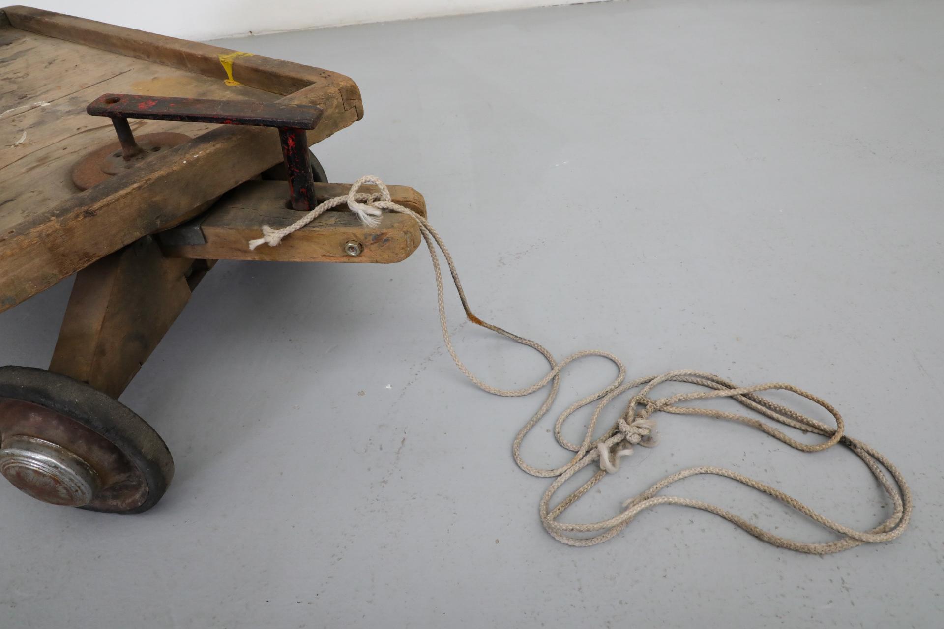 Cute Little Vintage Dutch Children's Rolling Wood Cart with Pull String For Sale 11