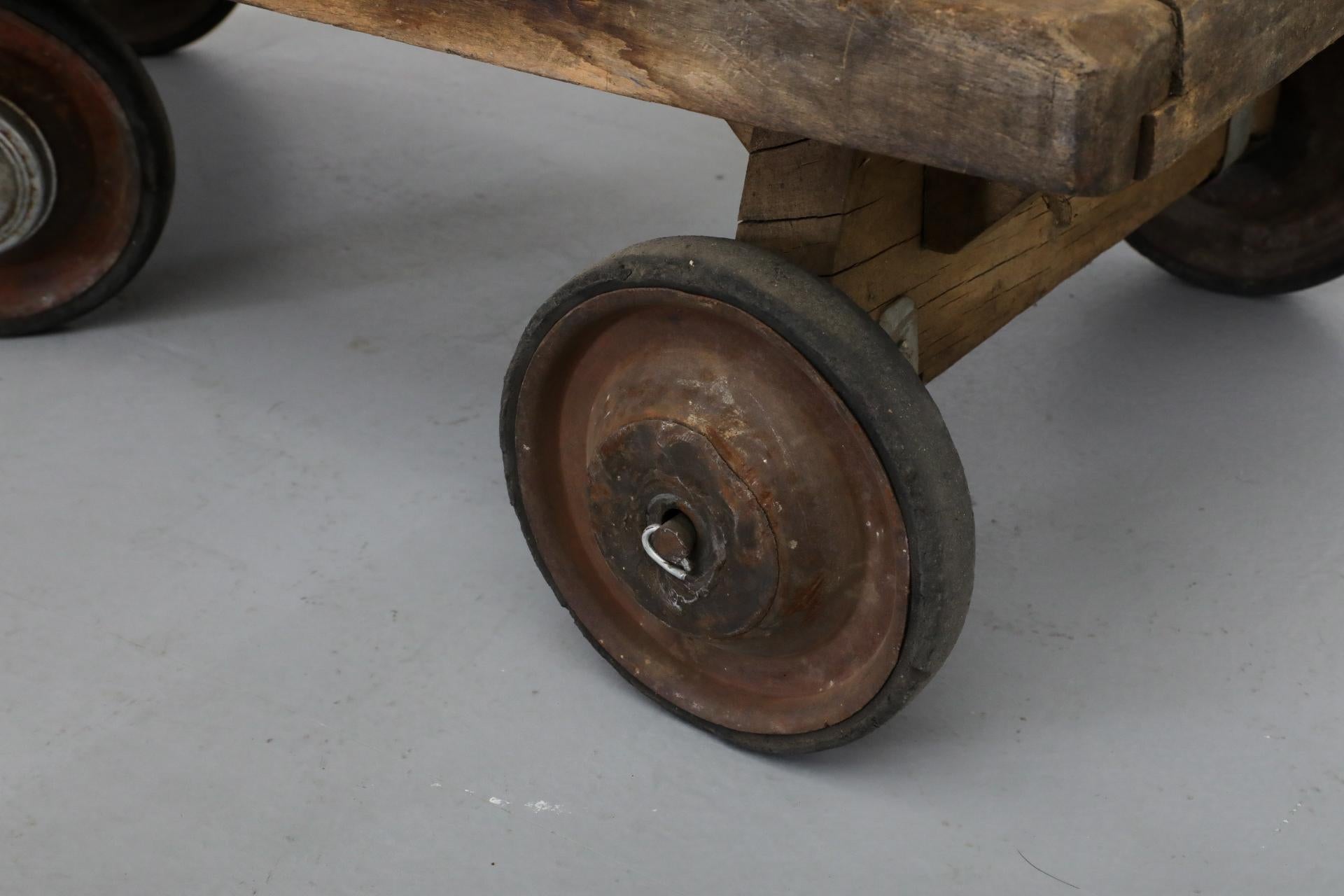 Cute Little Vintage Dutch Children's Rolling Wood Cart with Pull String For Sale 12