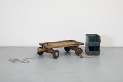 Cute Little Vintage Dutch Children's Rolling Wood Cart with Pull String