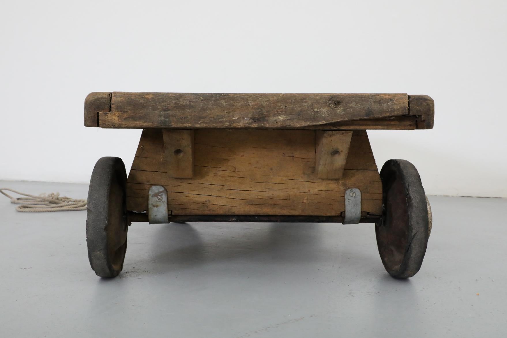 Cute Little Vintage Dutch Children's Rolling Wood Cart with Pull String For Sale 13