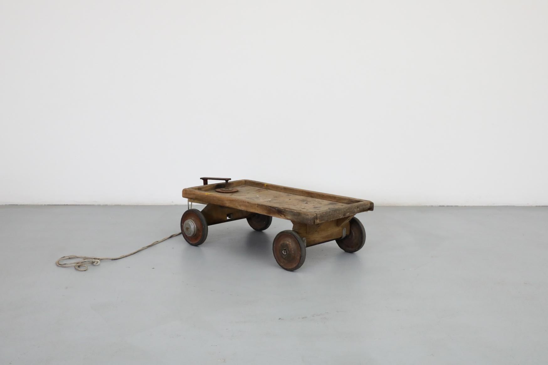 Cute Little Vintage Dutch Children's Rolling Wood Cart with Pull String In Good Condition For Sale In Los Angeles, CA