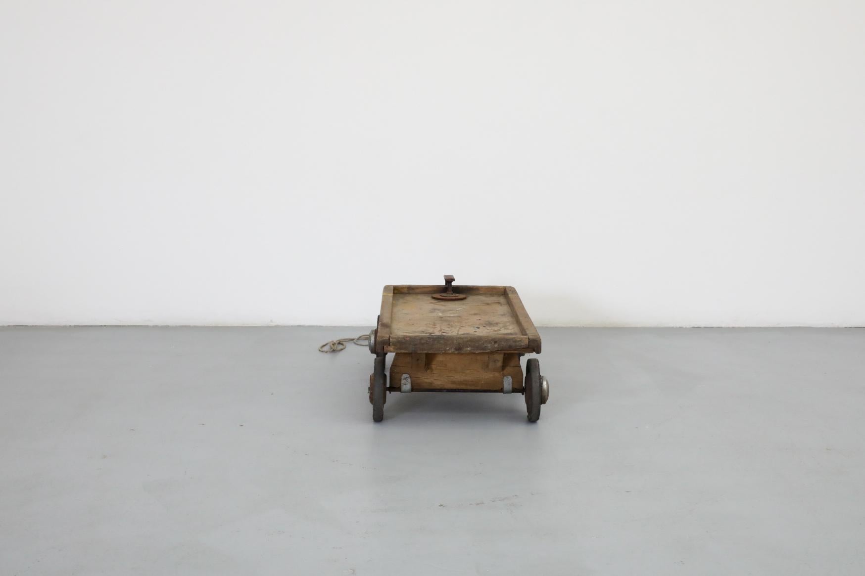 20th Century Cute Little Vintage Dutch Children's Rolling Wood Cart with Pull String For Sale