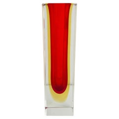 Cute Mandruzzato Red, Yellow and Clear Murano Glass Sommerso Block Vase Vintage