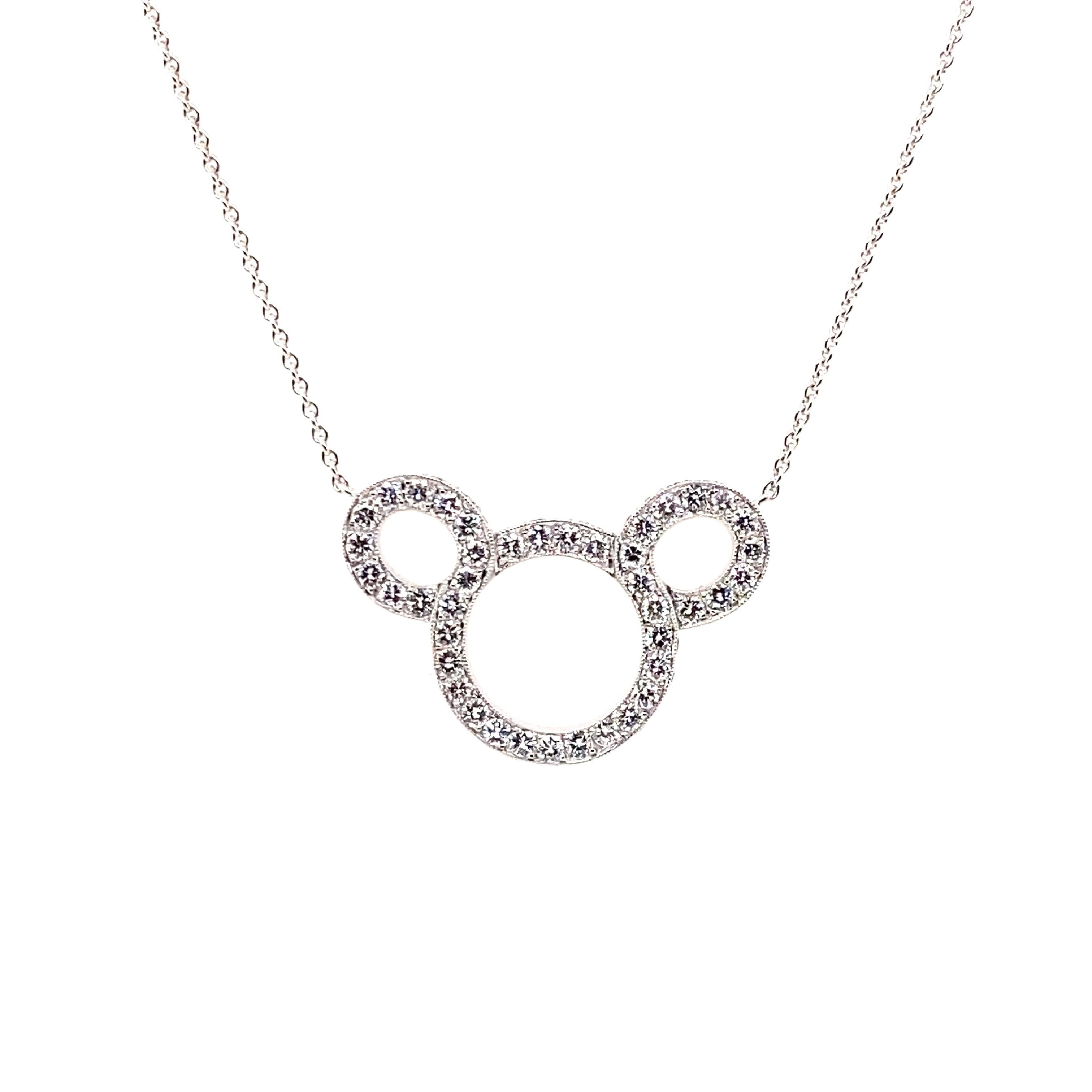 Very cute Mickey Mouse pendant necklace in 18 karat white gold. The pendant is set with 68 brilliant-cut diamonds totalling approximate 1.36 carats. The diamonds are of fine G/H-vs quality. 

Beautiful fine anker chain with spring feather clasp also