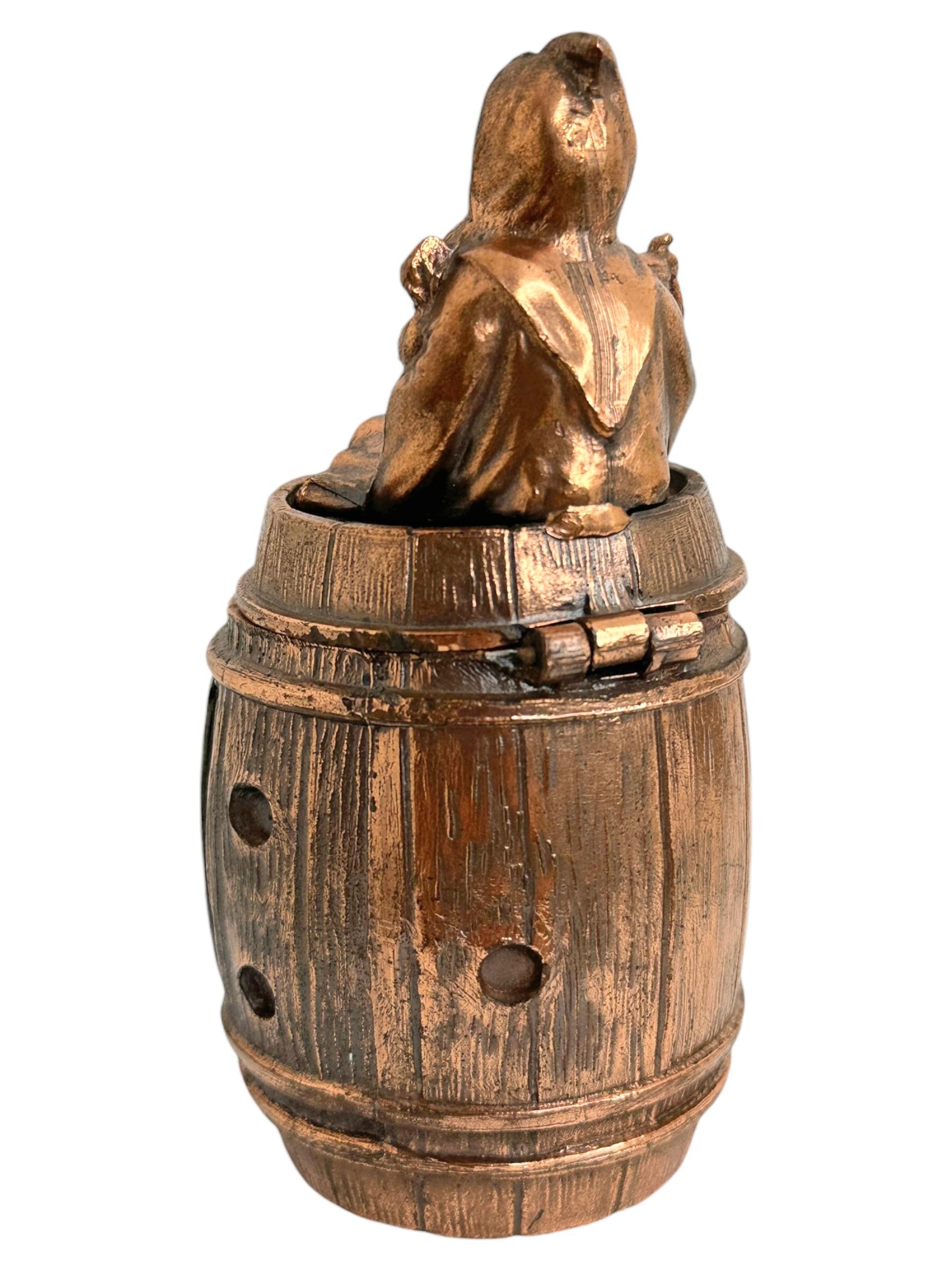 Cute Munich Child on Barrel Metal Money Box Piggy Bank, Antique German 1920s For Sale 5