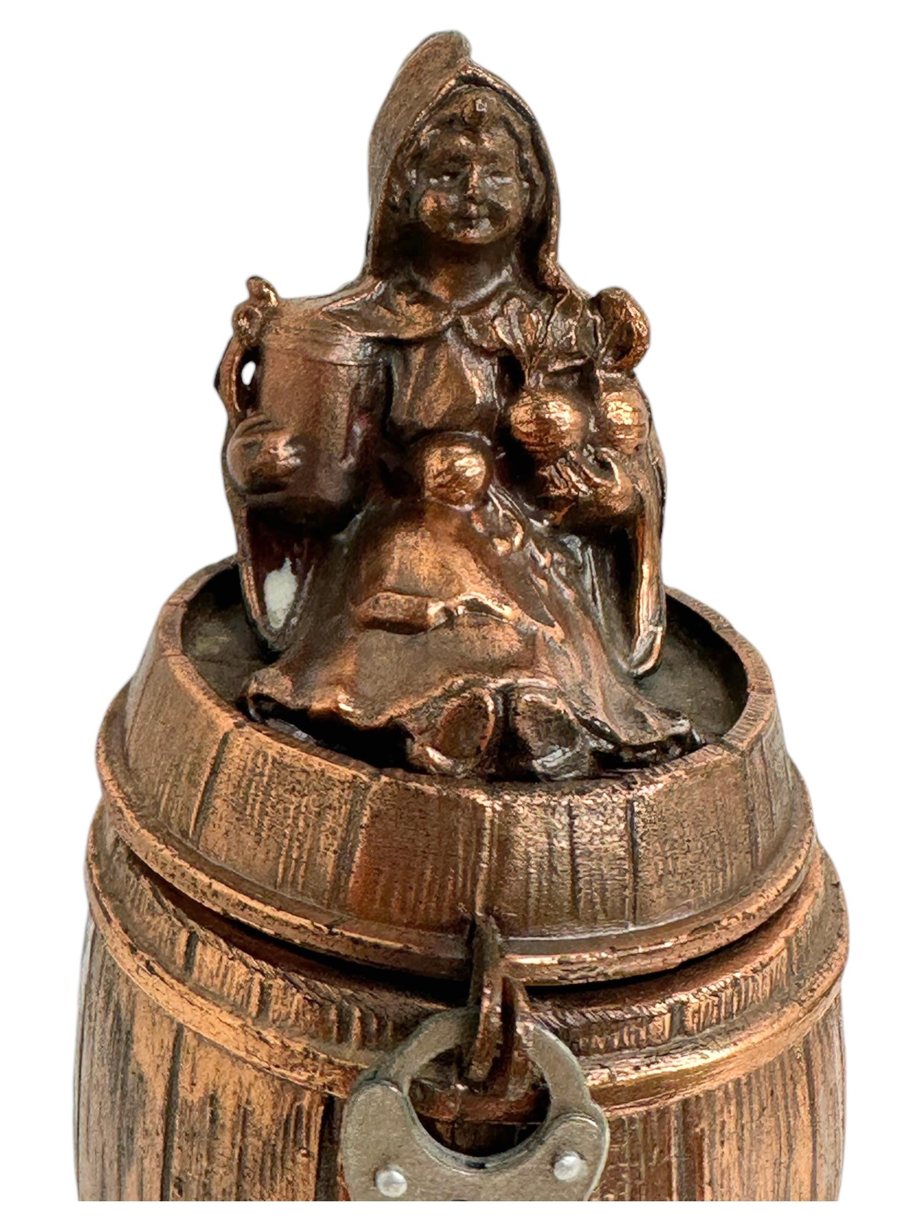 Cute Munich Child on Barrel Metal Money Box Piggy Bank, Antique German 1920s For Sale 7