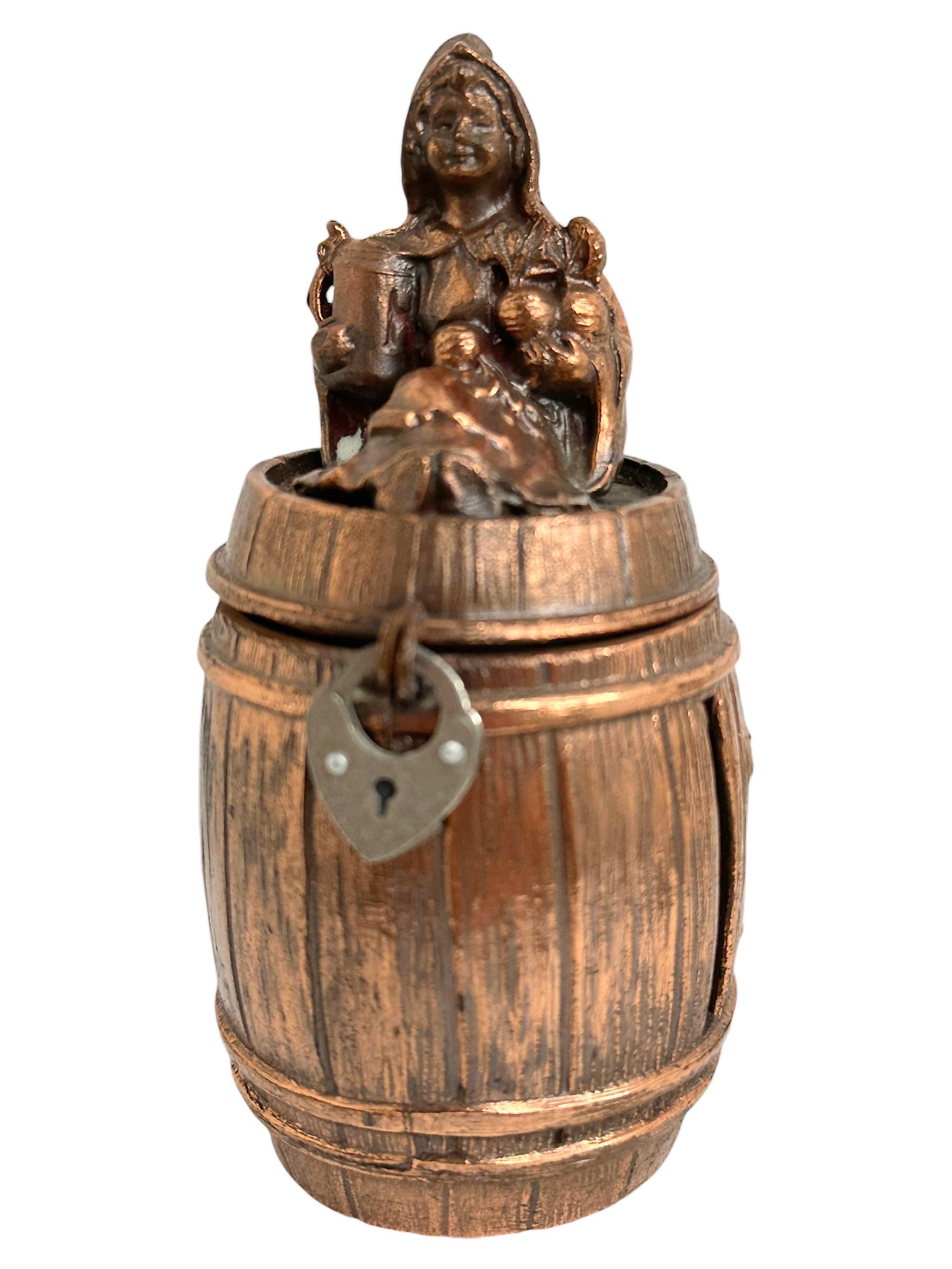 Cute Munich Child on Barrel Metal Money Box Piggy Bank, Antique German 1920s For Sale 8