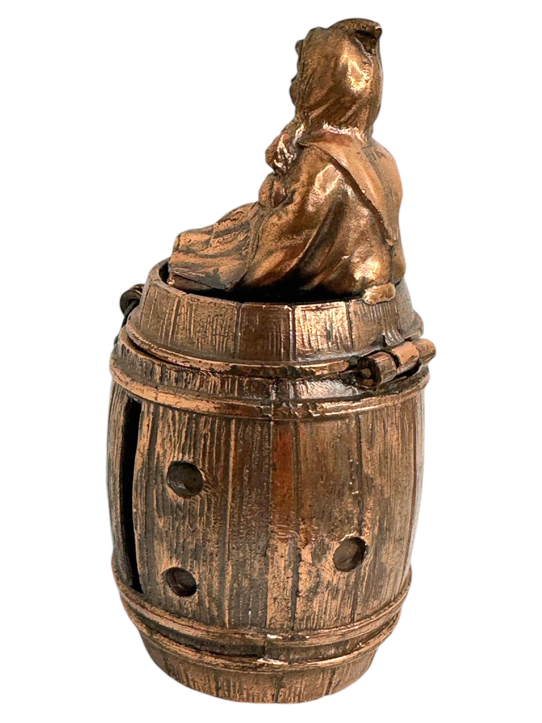 Mid-Century Modern Cute Munich Child on Barrel Metal Money Box Piggy Bank, Antique German 1920s For Sale