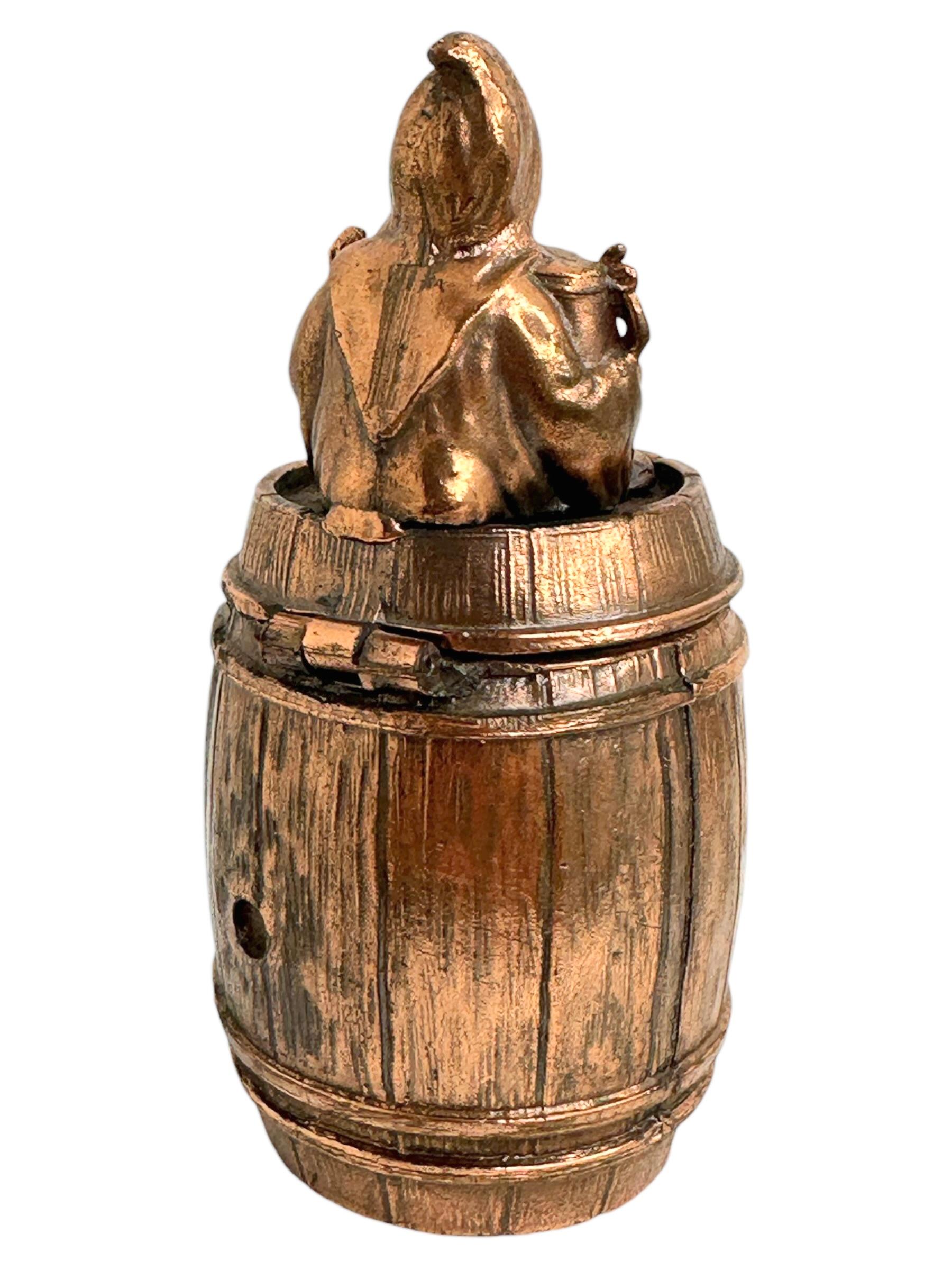 Cute Munich Child on Barrel Metal Money Box Piggy Bank, Antique German 1920s In Good Condition For Sale In Nuernberg, DE