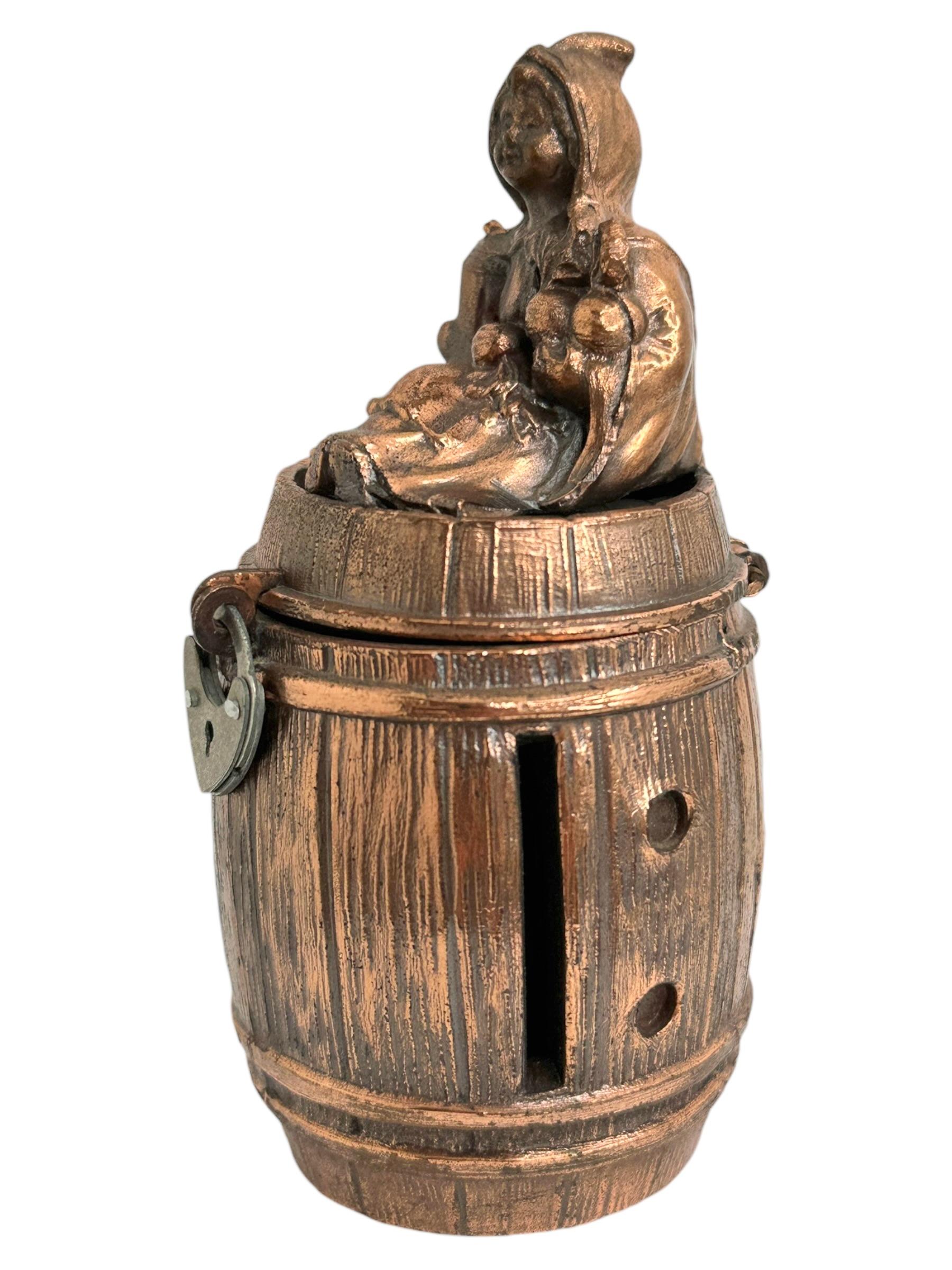 Cute Munich Child on Barrel Metal Money Box Piggy Bank, Antique German 1920s For Sale 1