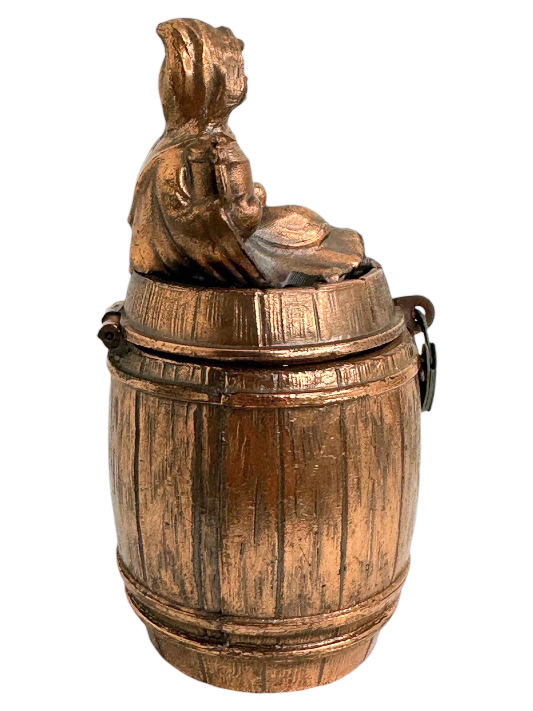 Cute Munich Child on Barrel Metal Money Box Piggy Bank, Antique German 1920s For Sale 2