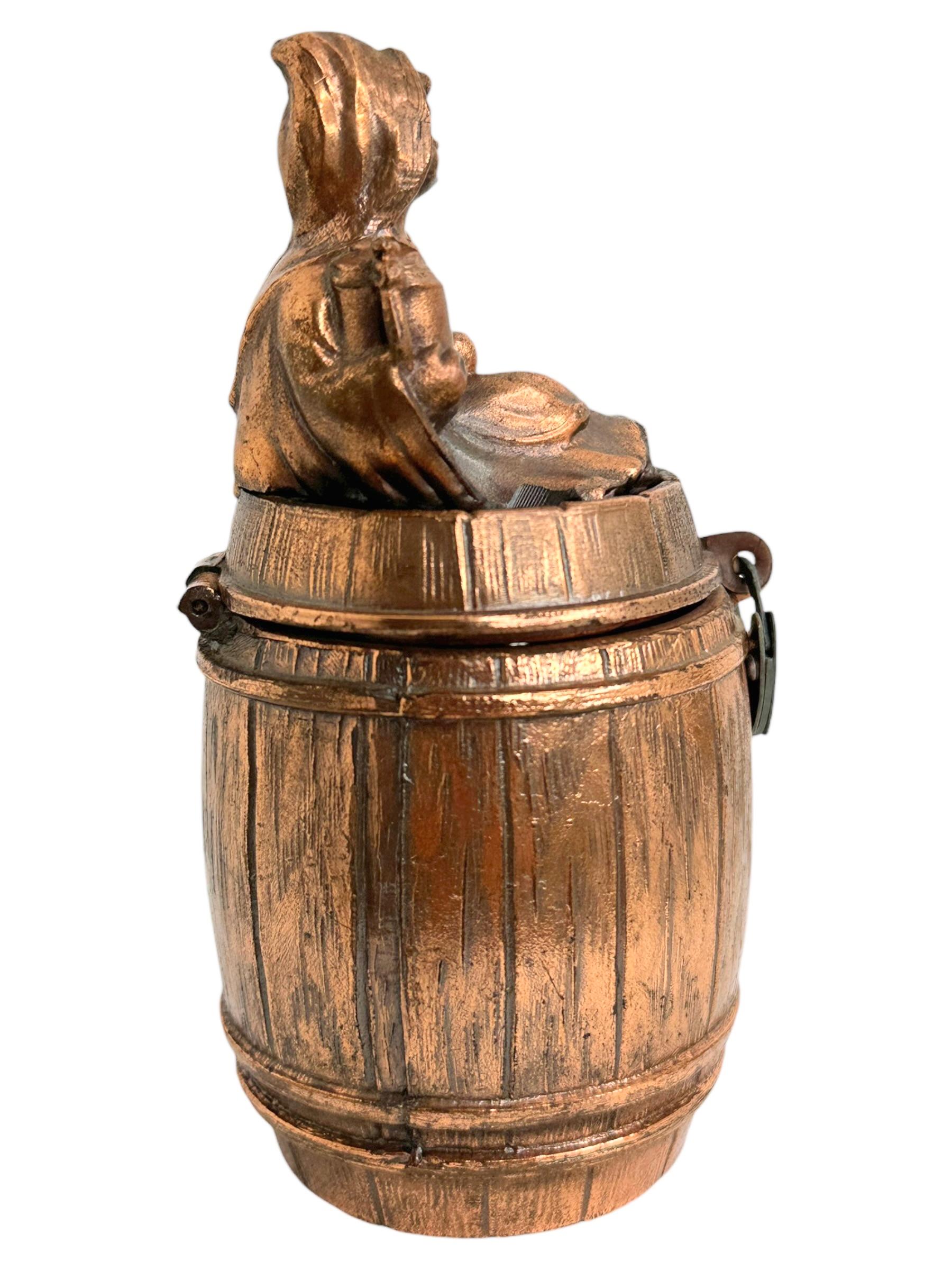 Cute Munich Child on Barrel Metal Money Box Piggy Bank, Antique German 1920s For Sale 3