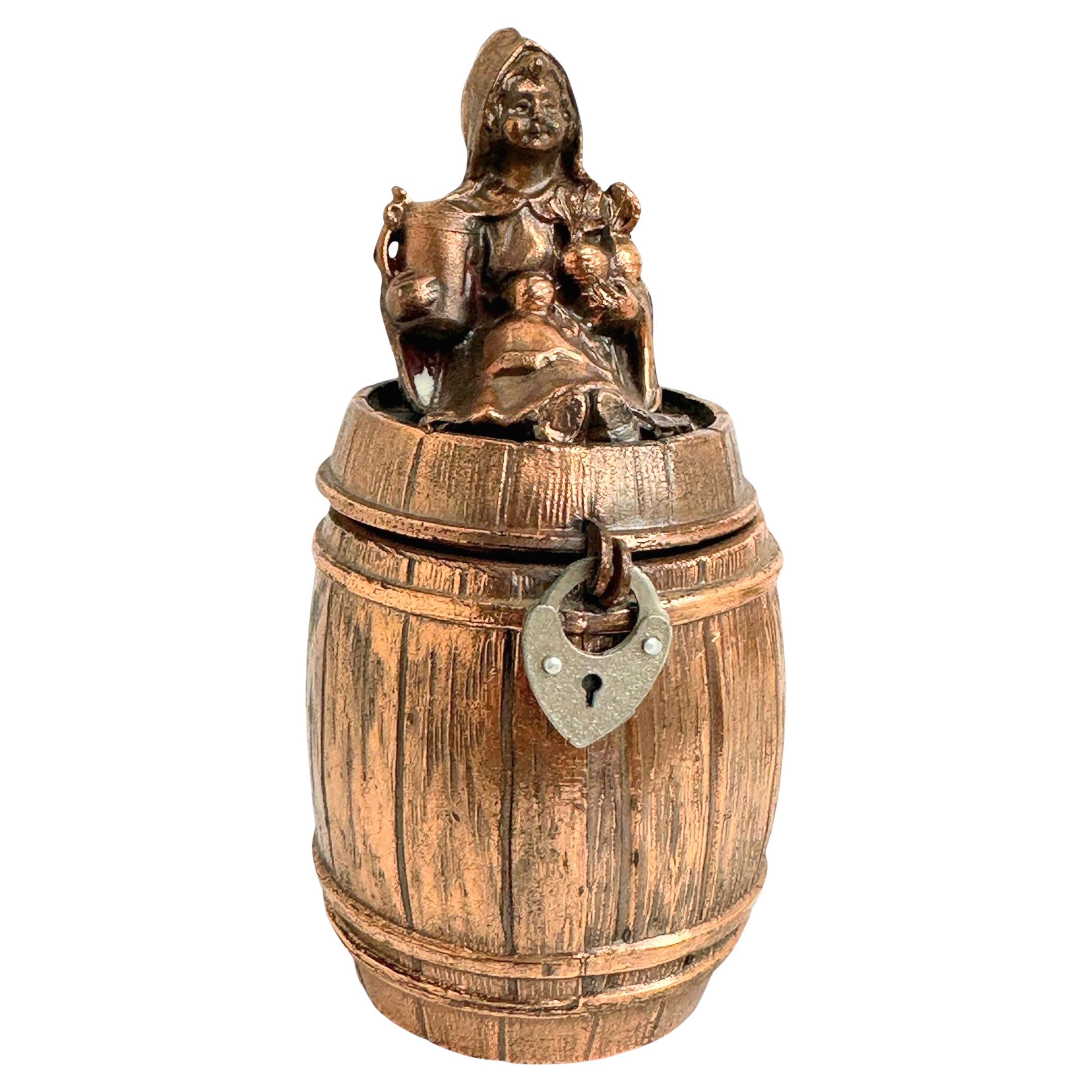 Cute Munich Child on Barrel Metal Money Box Piggy Bank, Antique German 1920s