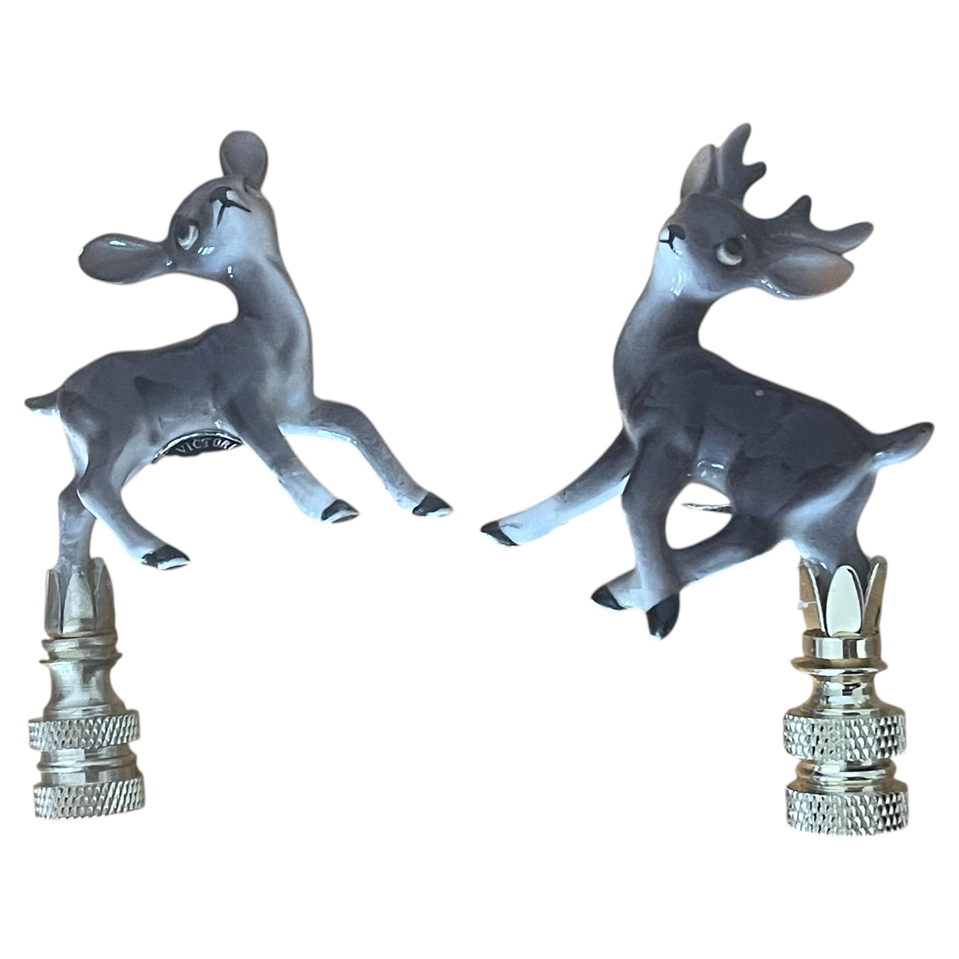Cute Pair Bambi Deer Figurines Lamp Finials For Sale