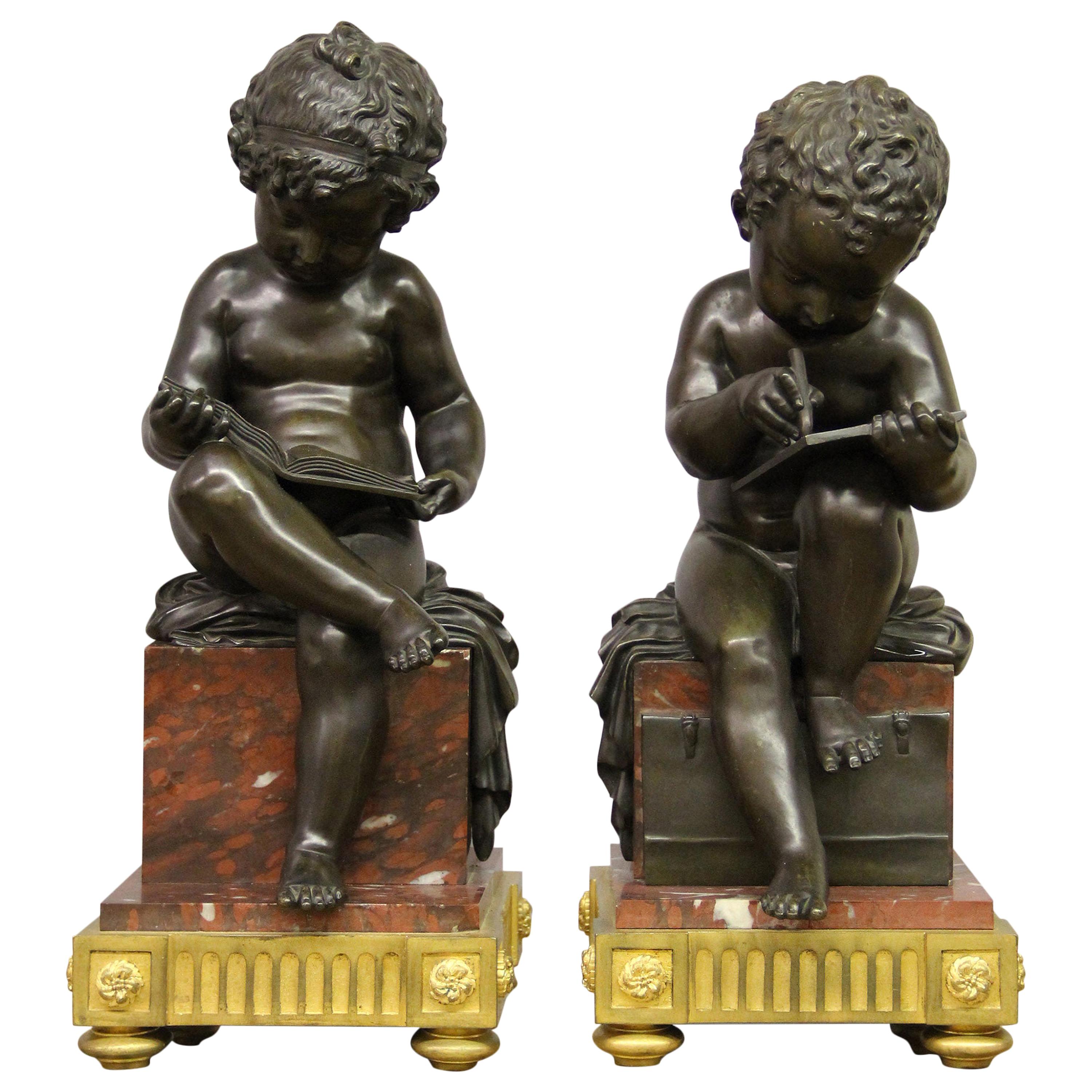 Cute Pair of 19th Century Bronze Children Depicting the Arts and Literature For Sale