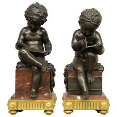 Paire d'enfants en bronze du 19ème siècle représentant les arts et la littérature
