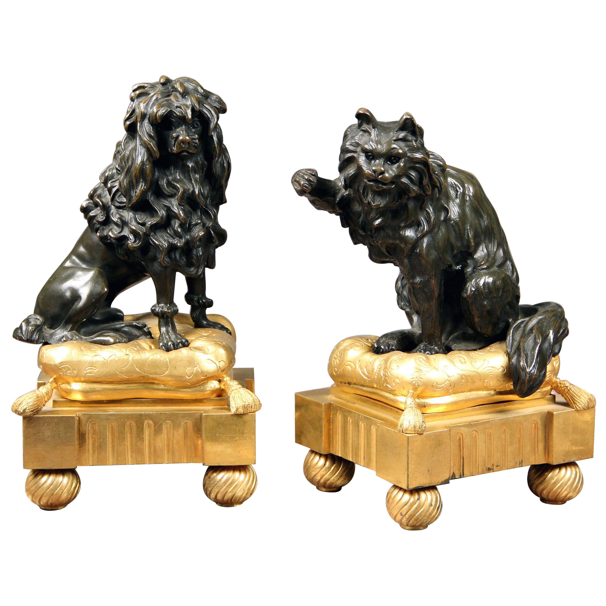 Cute Pair of Late 19th Century Gilt and Patina Bronze Chenets / Bookends