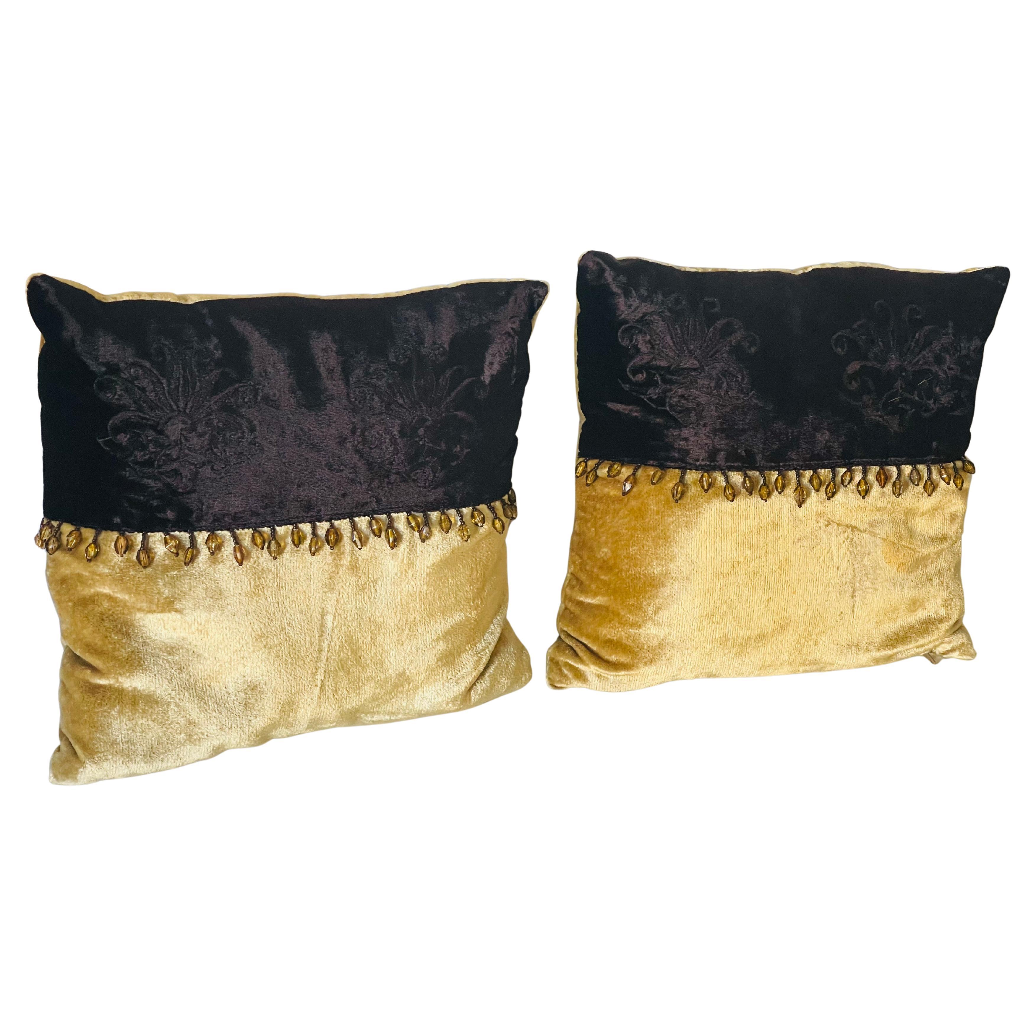 Cute Pair Small velvet lumbar Pillows with Beaded Fringes For Sale
