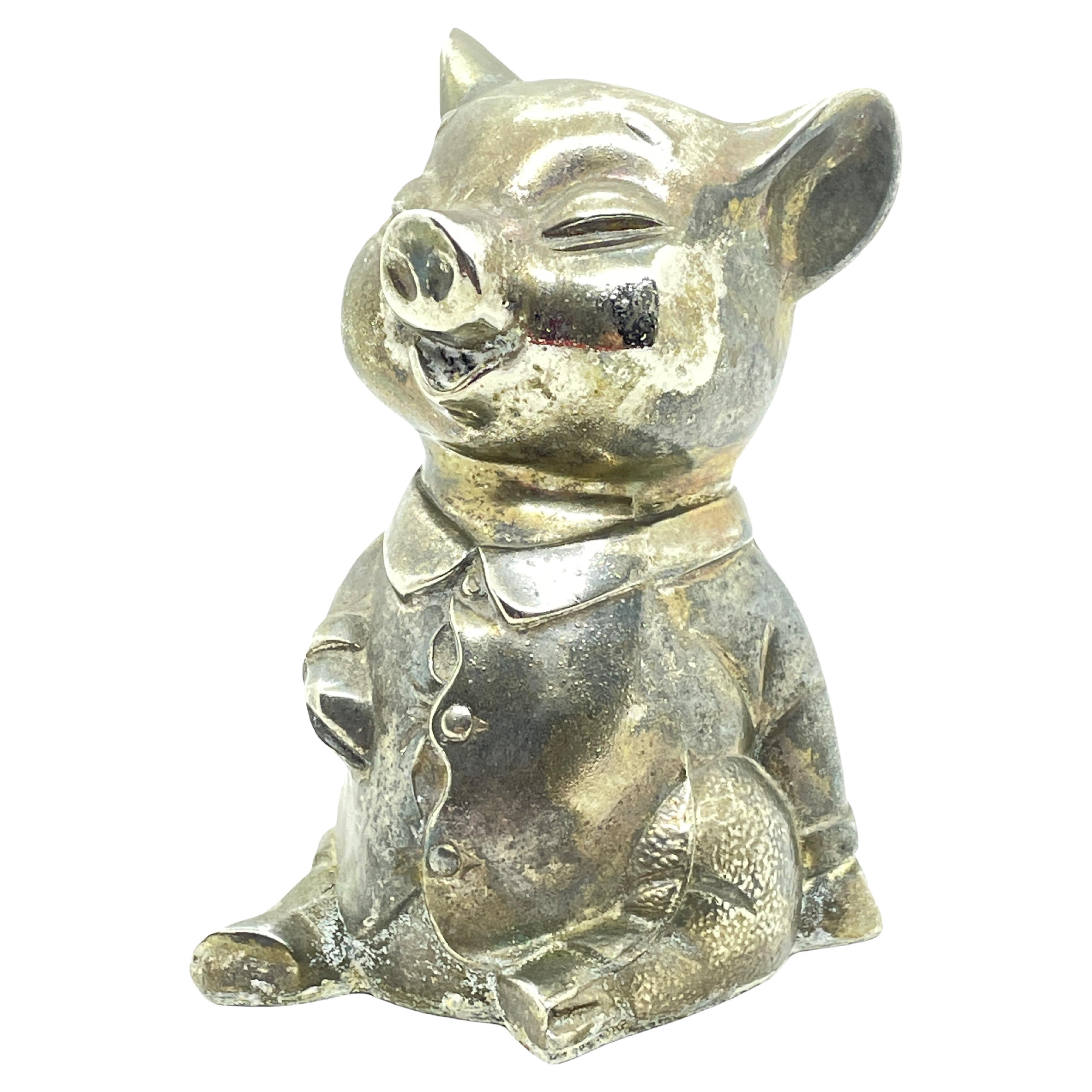 Cute Pig Silver Plated Metal Money Box Piggy Bank, Vintage, 1960s