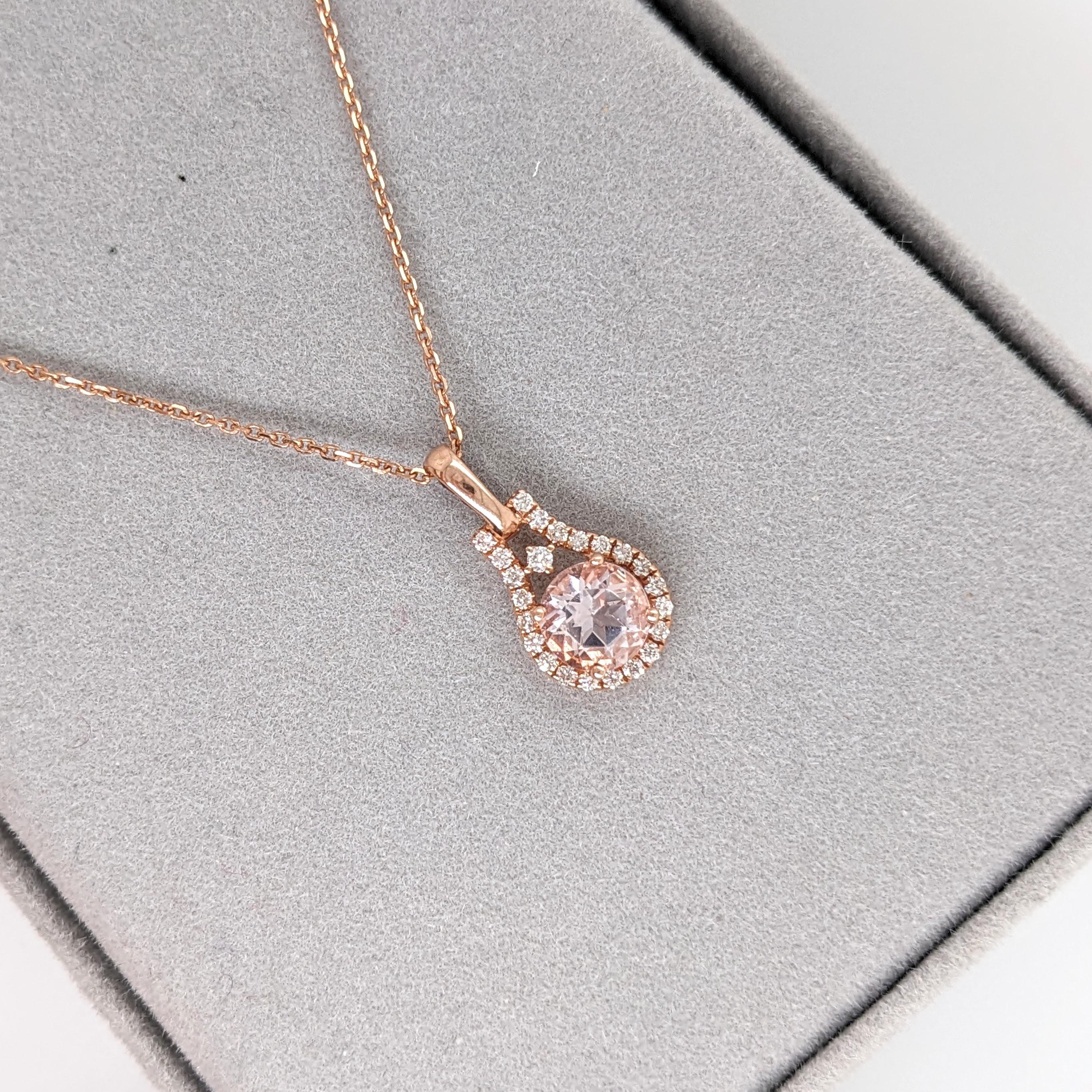 Simpatico ciondolo di morganite rosa con diamanti estratti dalla terra in oro rosa massiccio 14K in vendita 1