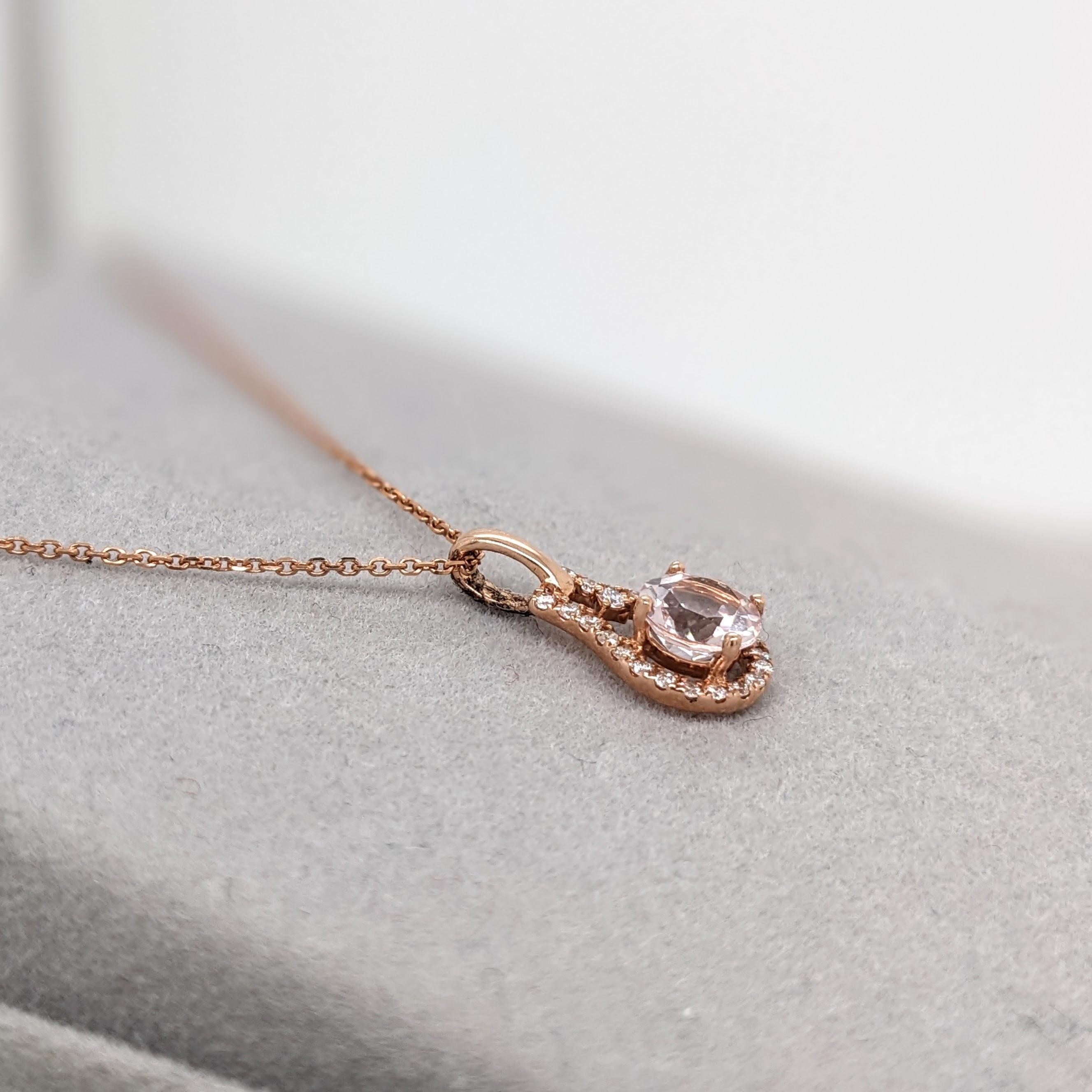 Simpatico ciondolo di morganite rosa con diamanti estratti dalla terra in oro rosa massiccio 14K in vendita 3