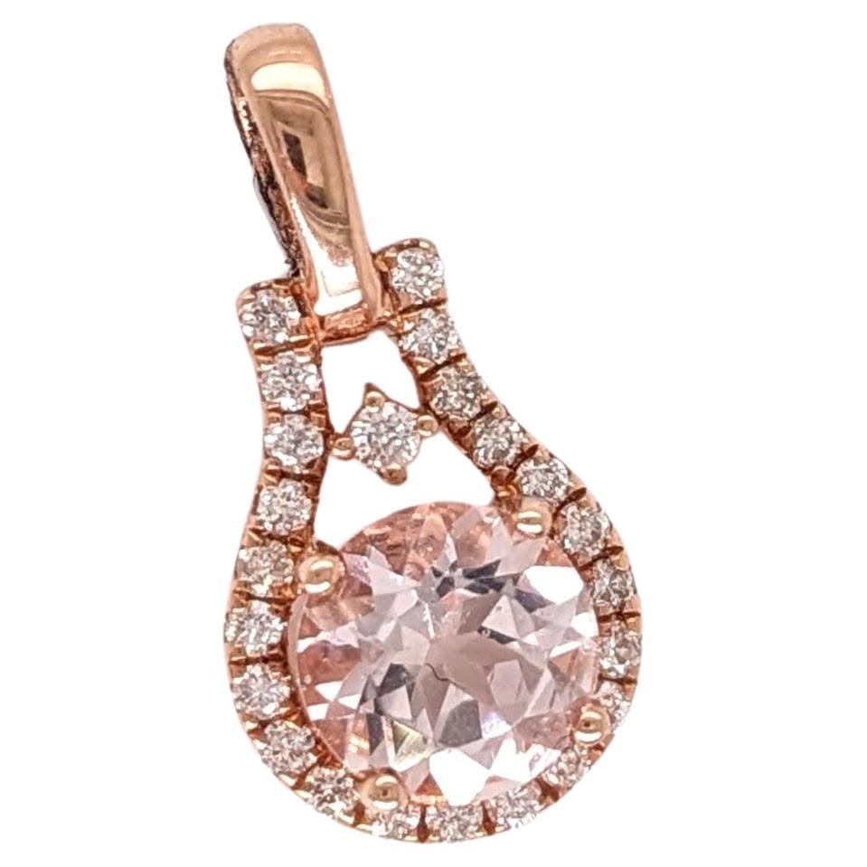 Cute Pink Morganite Pendant w Earth Mined Diamonds in Solid 14K Rose Gold