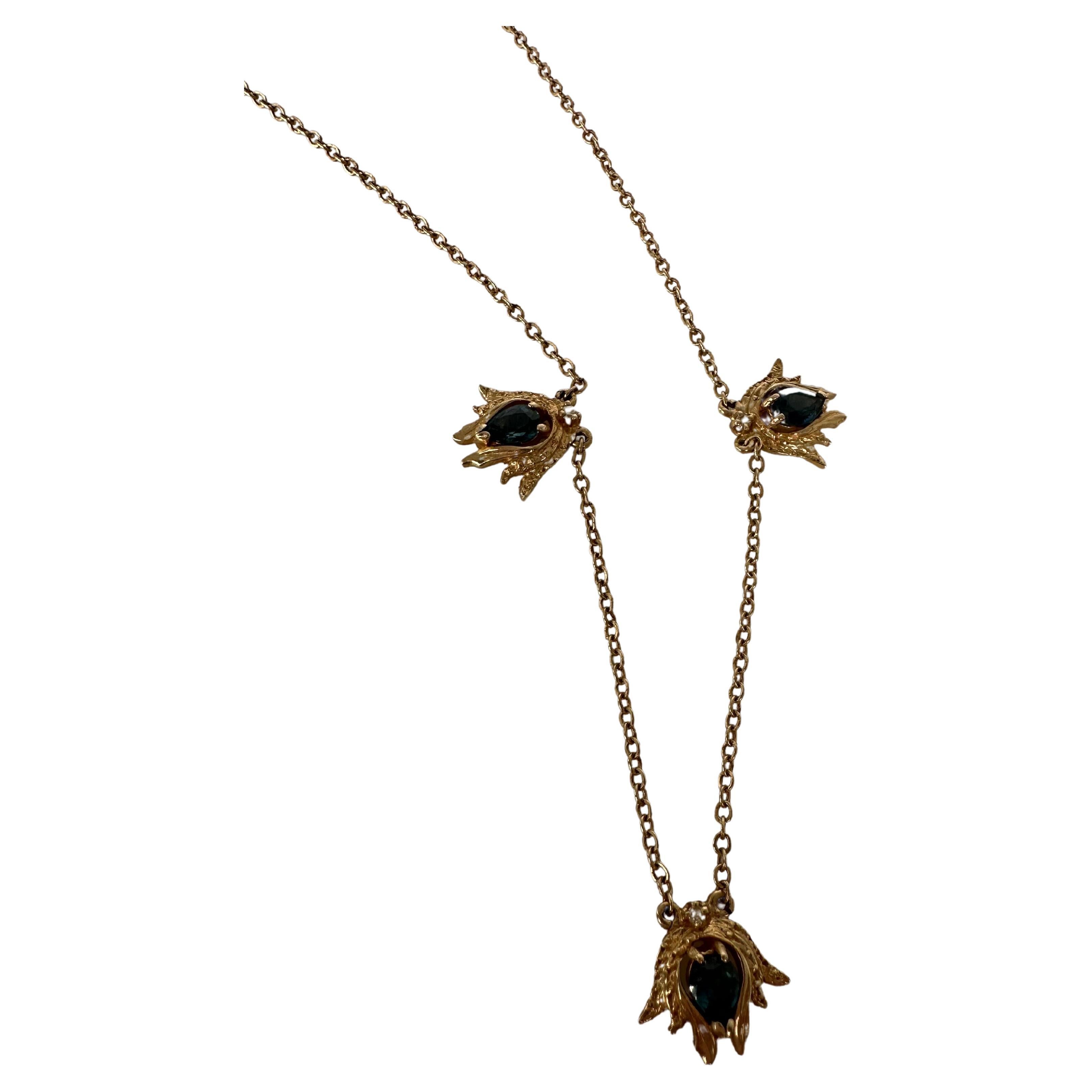 Cute sapphire necklace 14KT yellow gold falling leaves For Sale