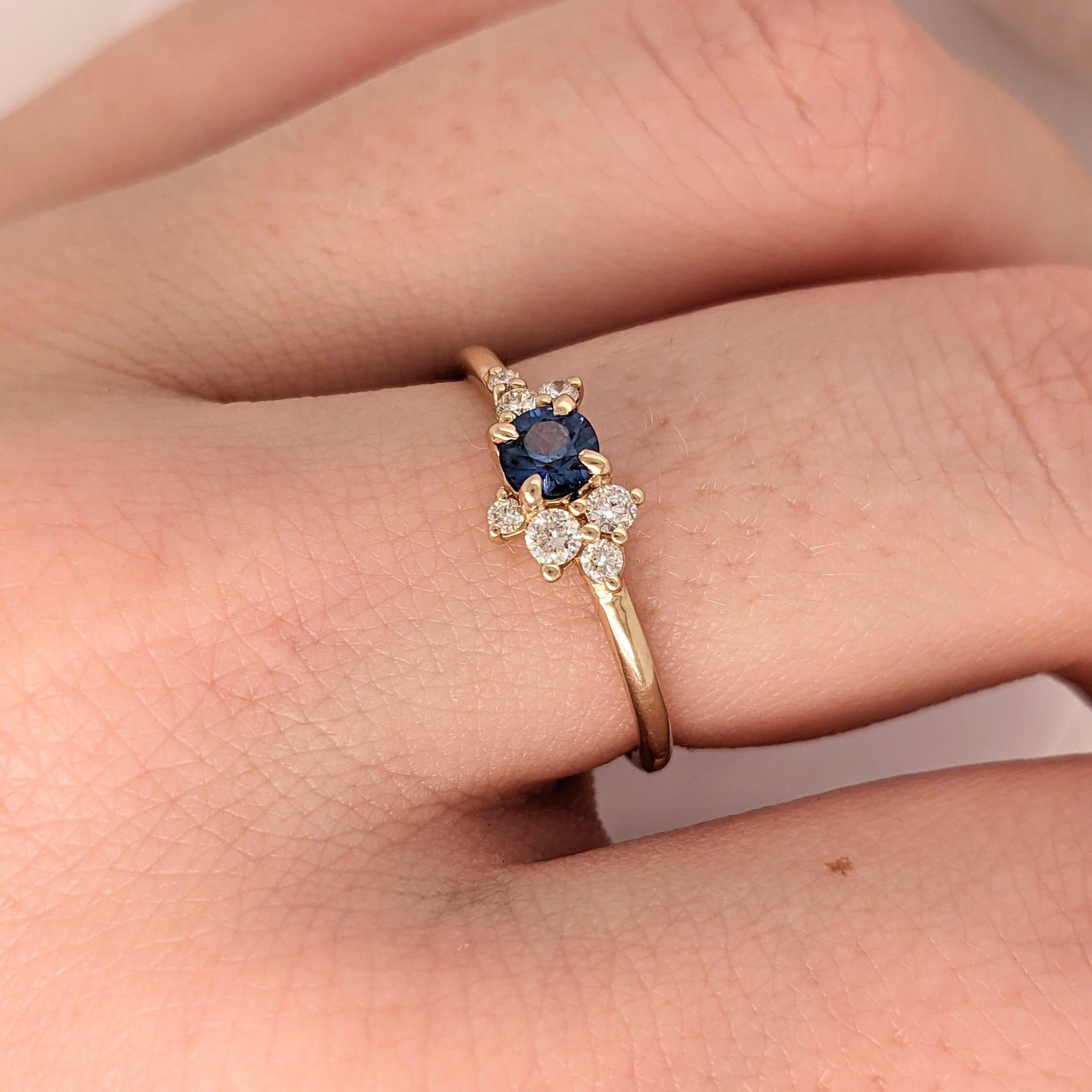 Modern Cute Sapphire Ring w Earth Mined Diamonds in Solid 14K Yellow Gold  Round 4mm For Sale