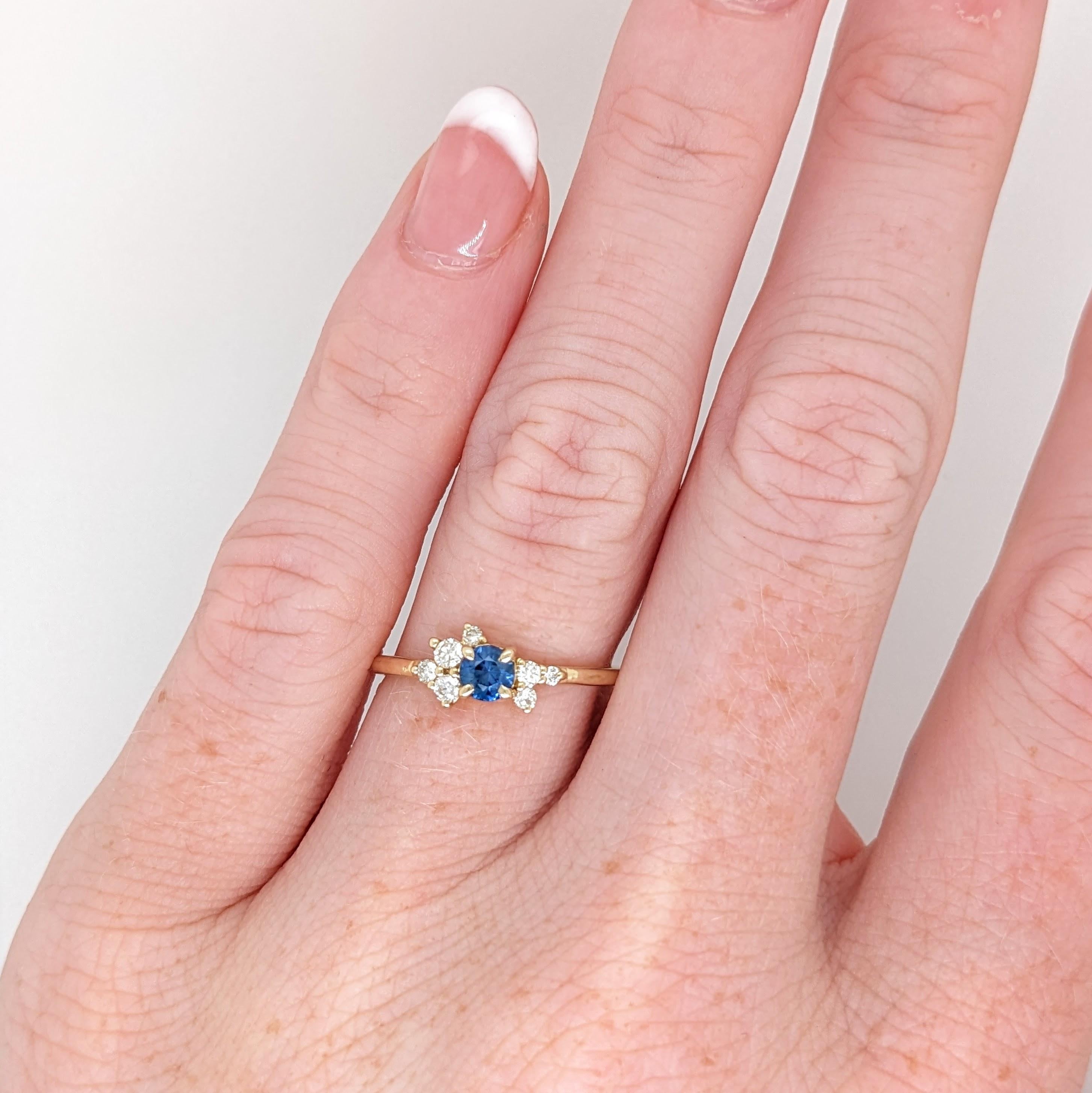 Round Cut Cute Sapphire Ring w Earth Mined Diamonds in Solid 14K Yellow Gold  Round 4mm For Sale